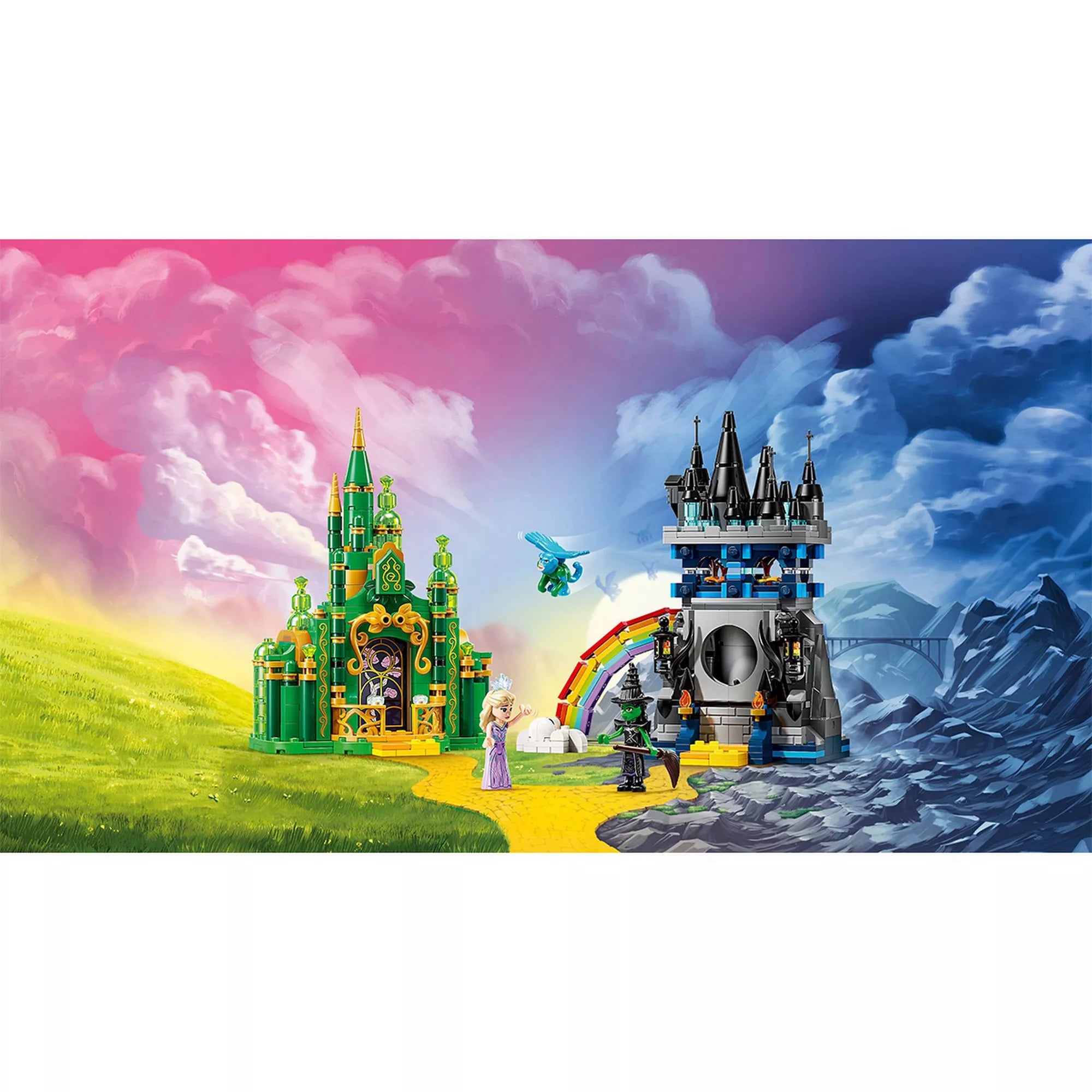A LEGO Wicked – Emerald City & Kiamo Ko Castle (75689) teljes jelenete a Smaragdvárossal, a Kiamo Ko kastéllyal és a szereplőkkel.
