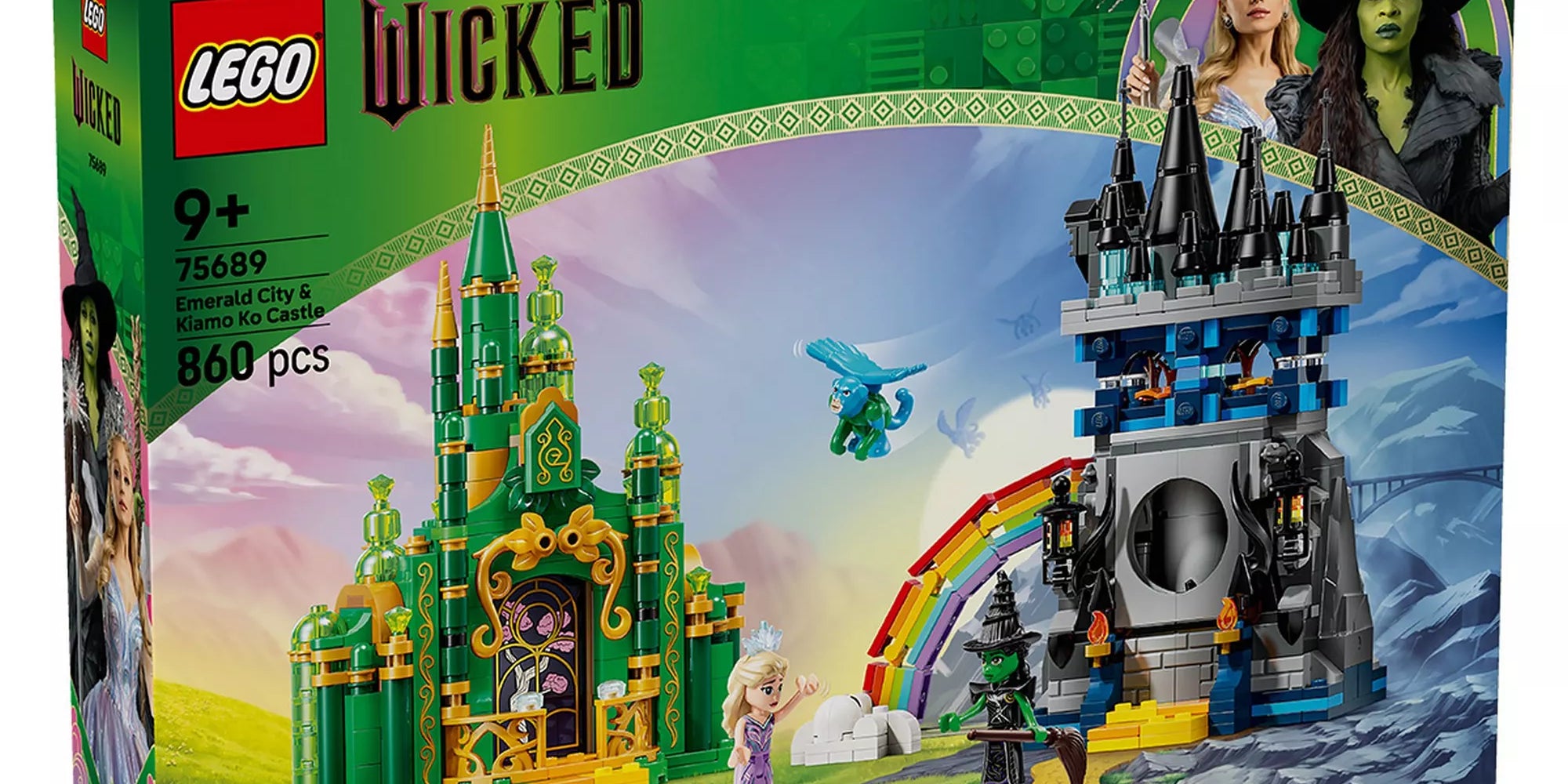 A LEGO Wicked – Emerald City & Kiamo Ko Castle (75689) doboza, a Smaragdváros és a Kiamo Ko kastély építményeivel és minifigurákkal.