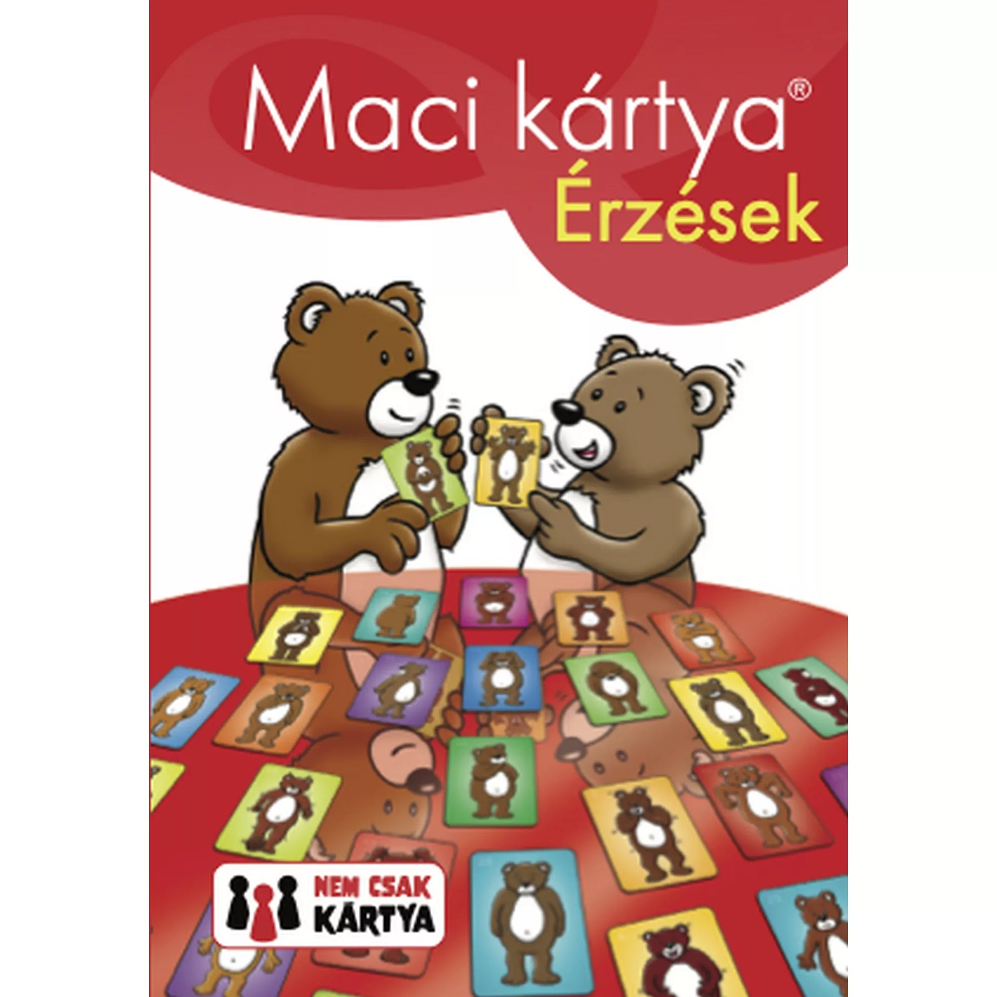 „A Maci kártya – Érzések piros doboza, amelyen két maci látható, körülöttük többféle érzelmet megjelenítő macis kártyával.”