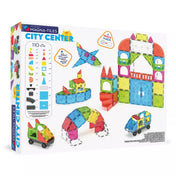 A MAGNA-TILES City Center doboz hátoldala, amely bemutatja a 110 darabos készlet elemeit, különböző építési ötleteket, például hidakat, autókat és tornyokat.