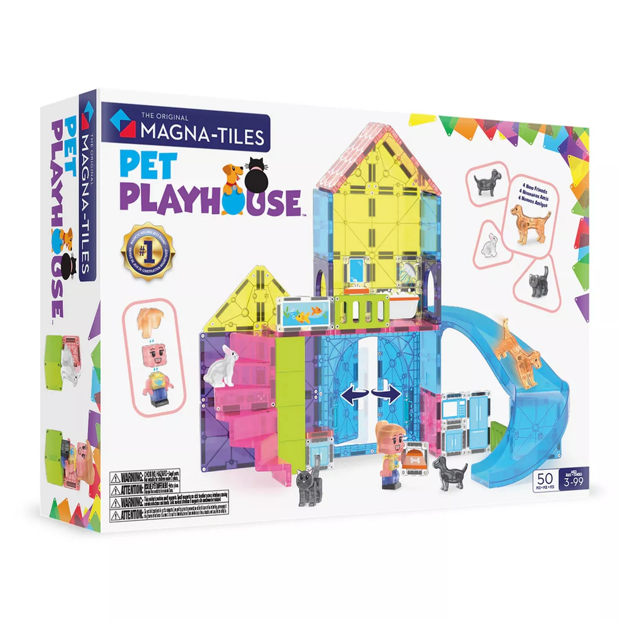 A MAGNA-TILES Pet Playhouse 50 darabos mágneses építőkészlet doboza. A képen a színes, áttetsző elemekből épített kisállat-ház látható, kiegészítve kutyával, cicával, nyuszival és gondozófigurával. A doboz kiemeli a készlet kreatív és állatbarát tematikáját.