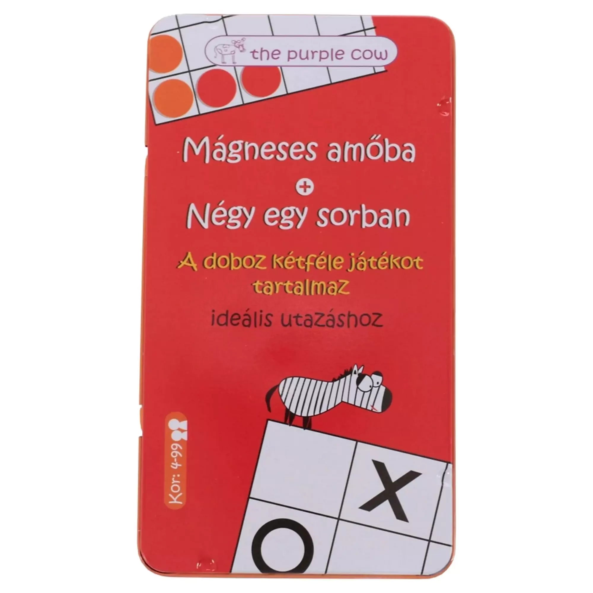 A Mágneses Amőba társasjáték doboza elölnézetből, élénk piros színben, rajta a játék nevével és vidám grafikával.