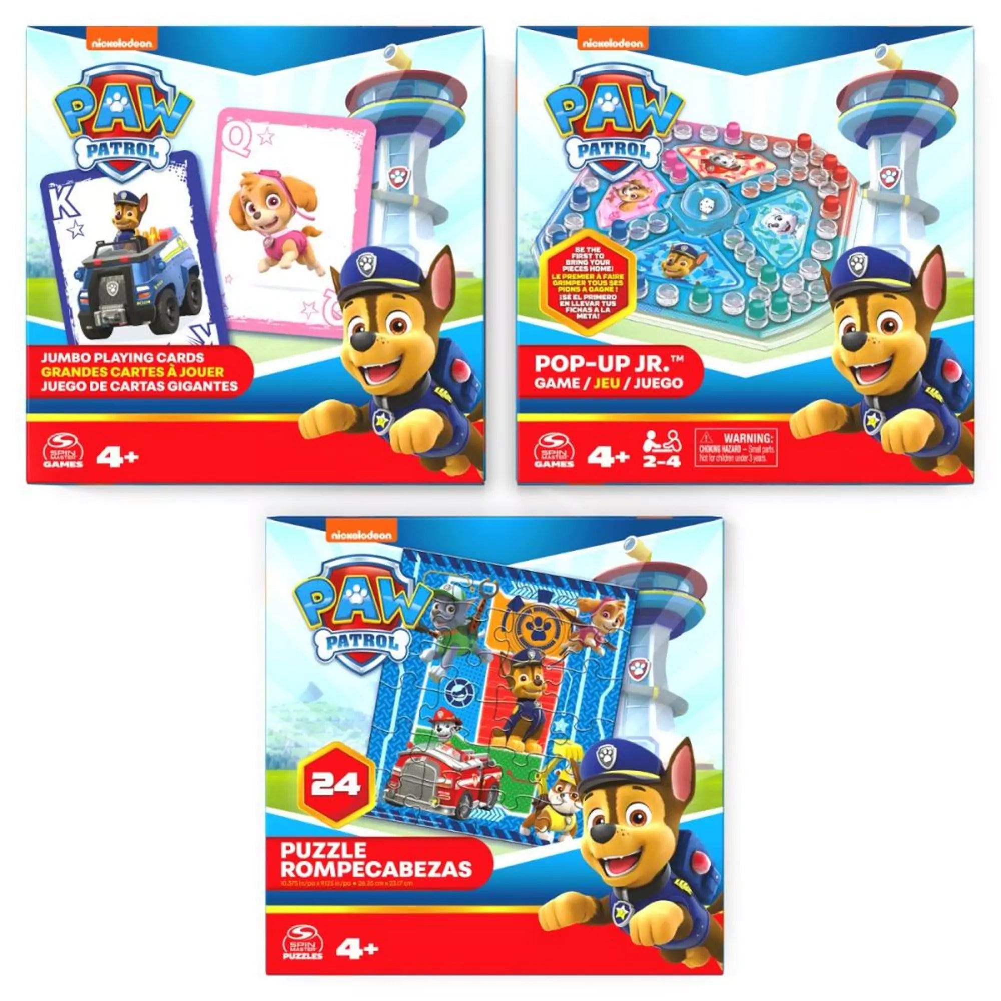 Paw Patrol 3 az 1-ben játékdobozok: Jumbo kártyák, Pop-Up társasjáték és 24 darabos puzzle színes csomagolásban.