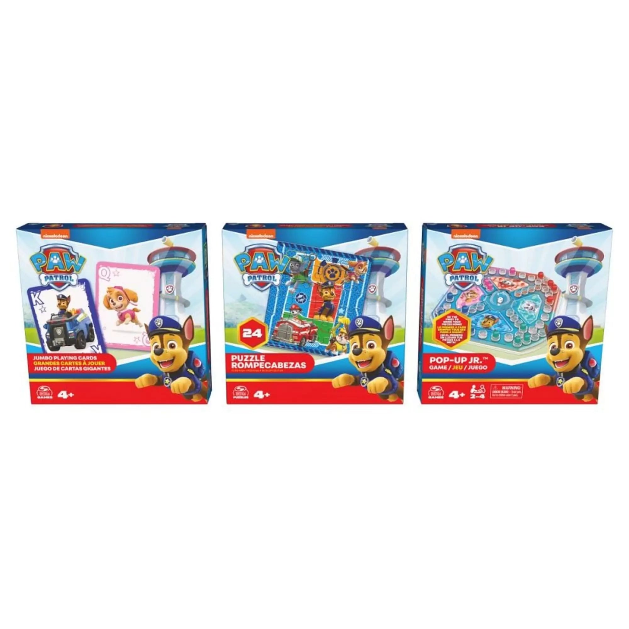 Paw Patrol 3 az 1-ben játékcsomag előlapjai: Pop-Up társasjáték, 24 darabos puzzle és Jumbo kártyák doboza.