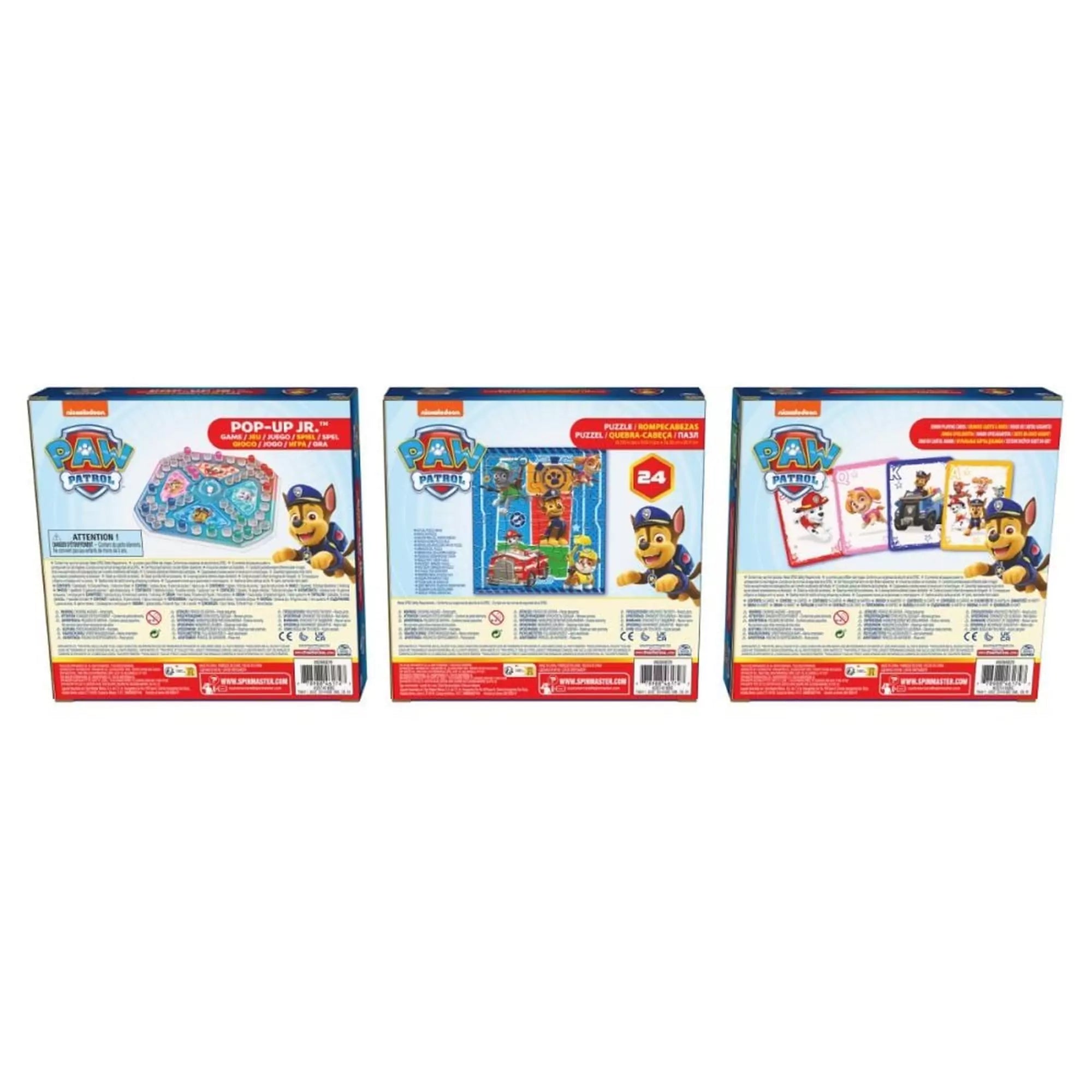 Paw Patrol 3 az 1-ben játékszett doboz hátoldalai, bemutatva a Pop-Up játékot, a puzzle-t és a Jumbo kártyákat.