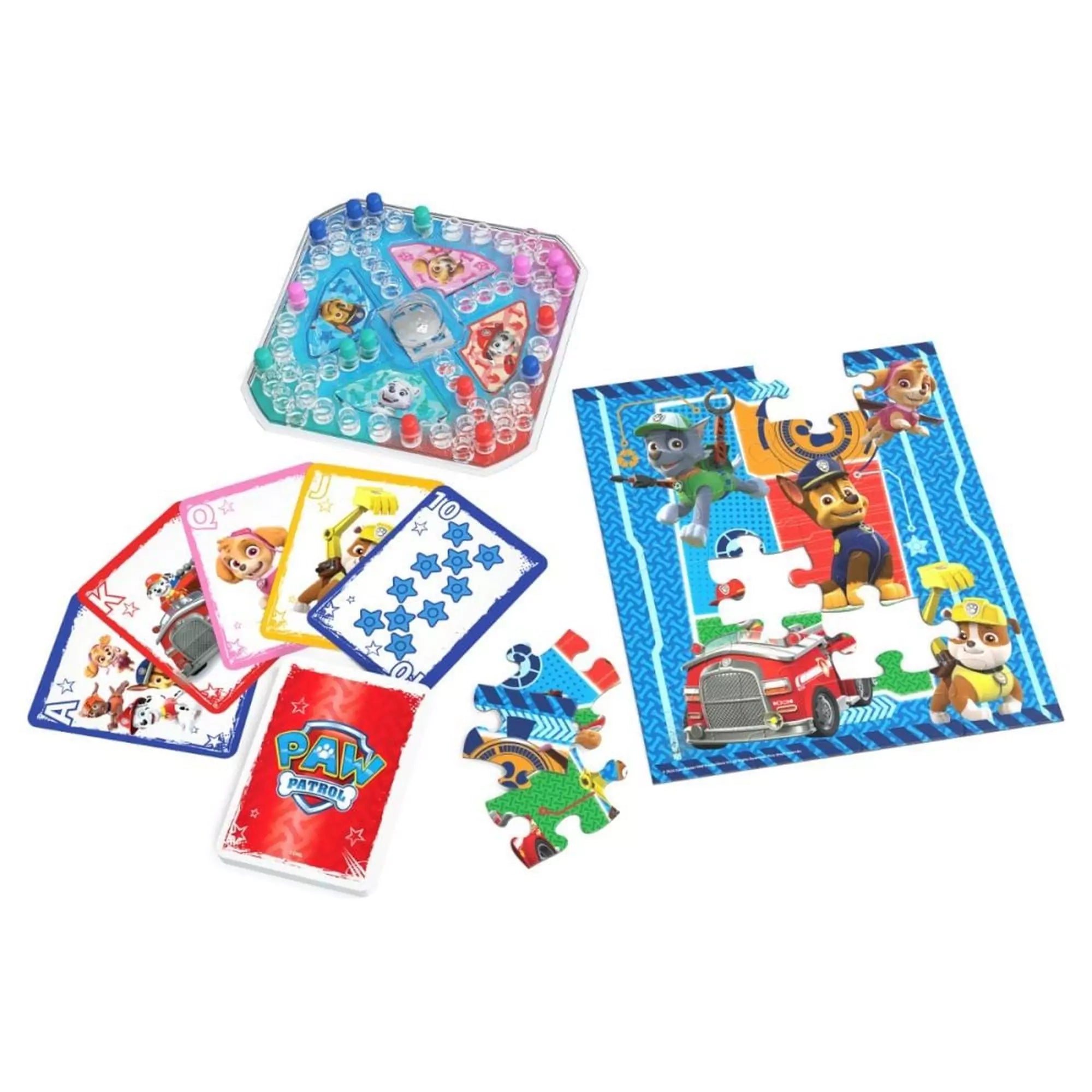 Paw Patrol játékszett tartalma: Pop-Up társasjáték, kirakós és színes Jumbo kártyák a mesehősökkel.