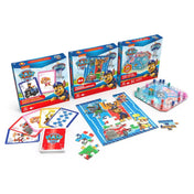Teljes Paw Patrol 3 az 1-ben szett kibontva: dobozok, puzzle, Pop-Up társasjáték és kártyák.