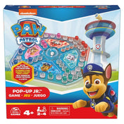 PAW Patrol Pop-Up Jr. társasjáték doboza Chase karakterrel és a játék bemutatott táblájával.