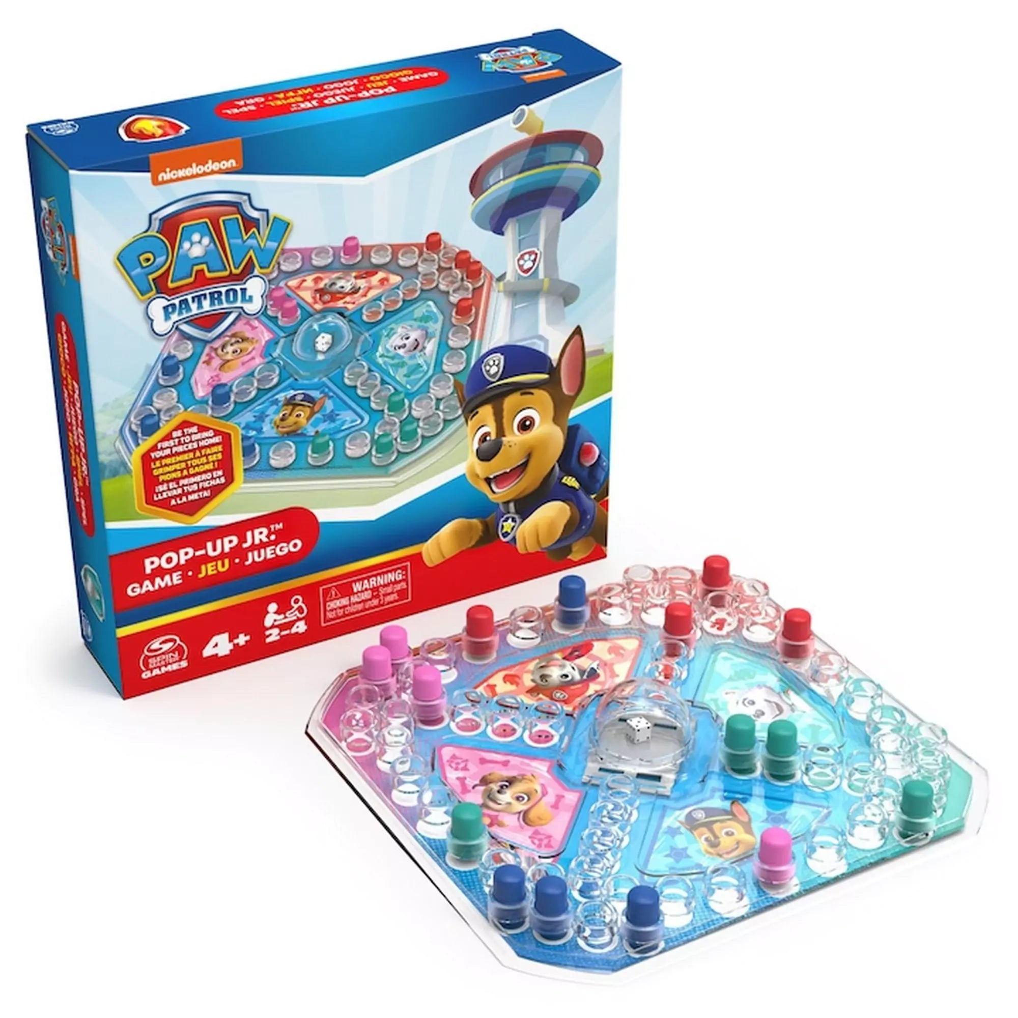 PAW Patrol Pop-Up Jr. társasjáték doboza és a kicsomagolt, színes játéktábla együtt látható.