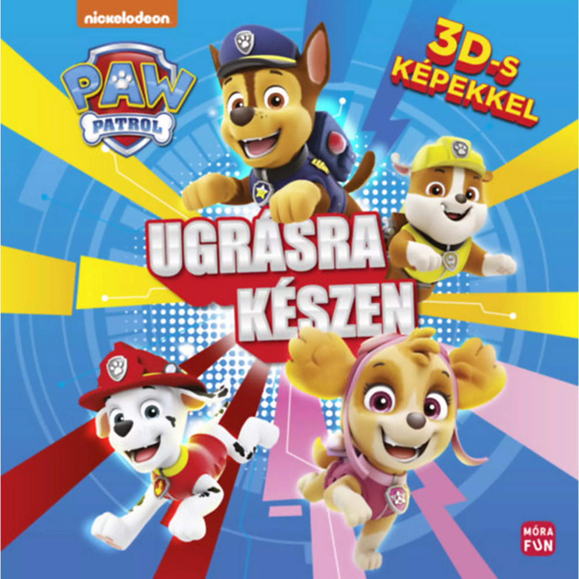 „Mancs Őrjárat: Ugrásra készen” című könyv borítója, vidám, 3D-s hatású képekkel a népszerű kutyahősökkel – Chase, Marshall, Skye és Rubble szerepelnek a dinamikus, színes háttér előtt.