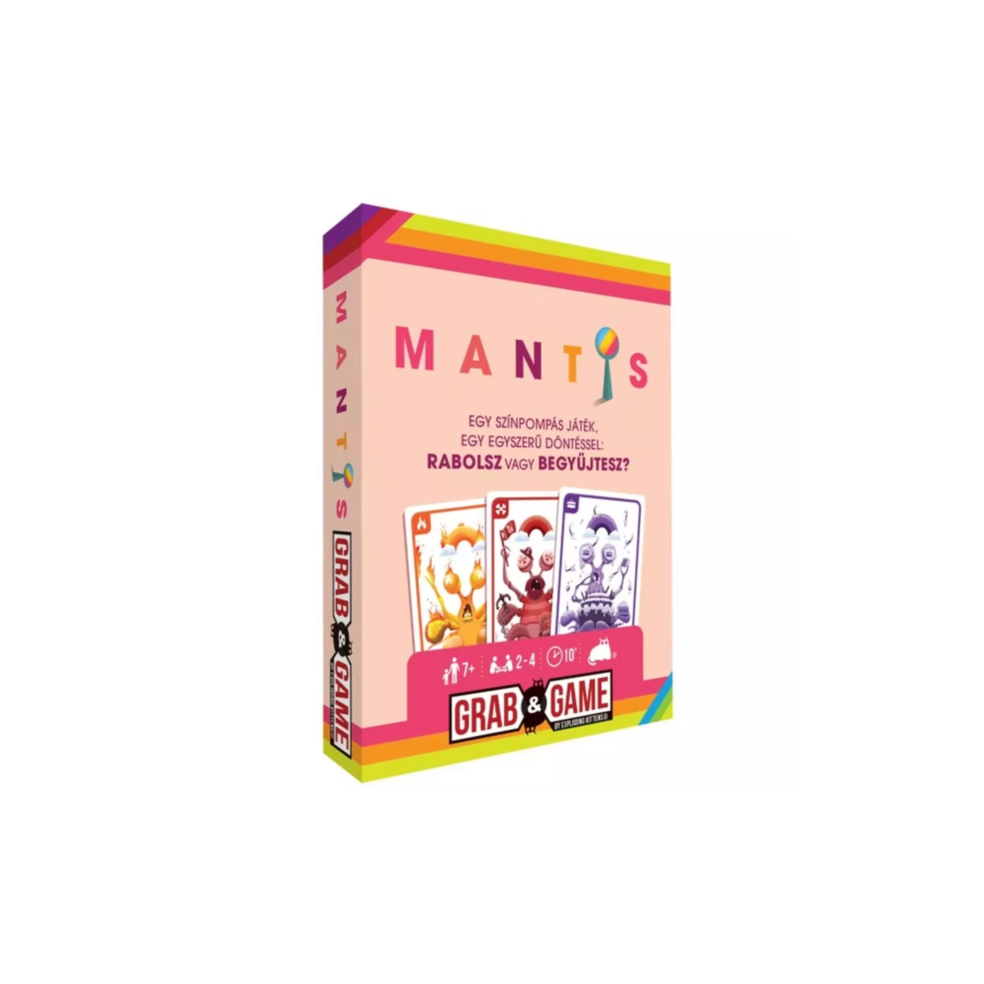Mantis mini társasjáték doboza magyar nyelvű kiadásban, színes dizájnnal és kártyákkal – gyors, vidám és könnyen tanulható kártyajáték.