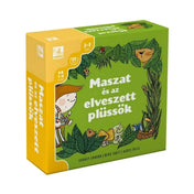 A Maszat és az elveszett plüssök társasjáték zöld-sárga színű doboza, Maszat karakterével, dzsungeles motívumokkal és aranyos állatokkal díszítve.