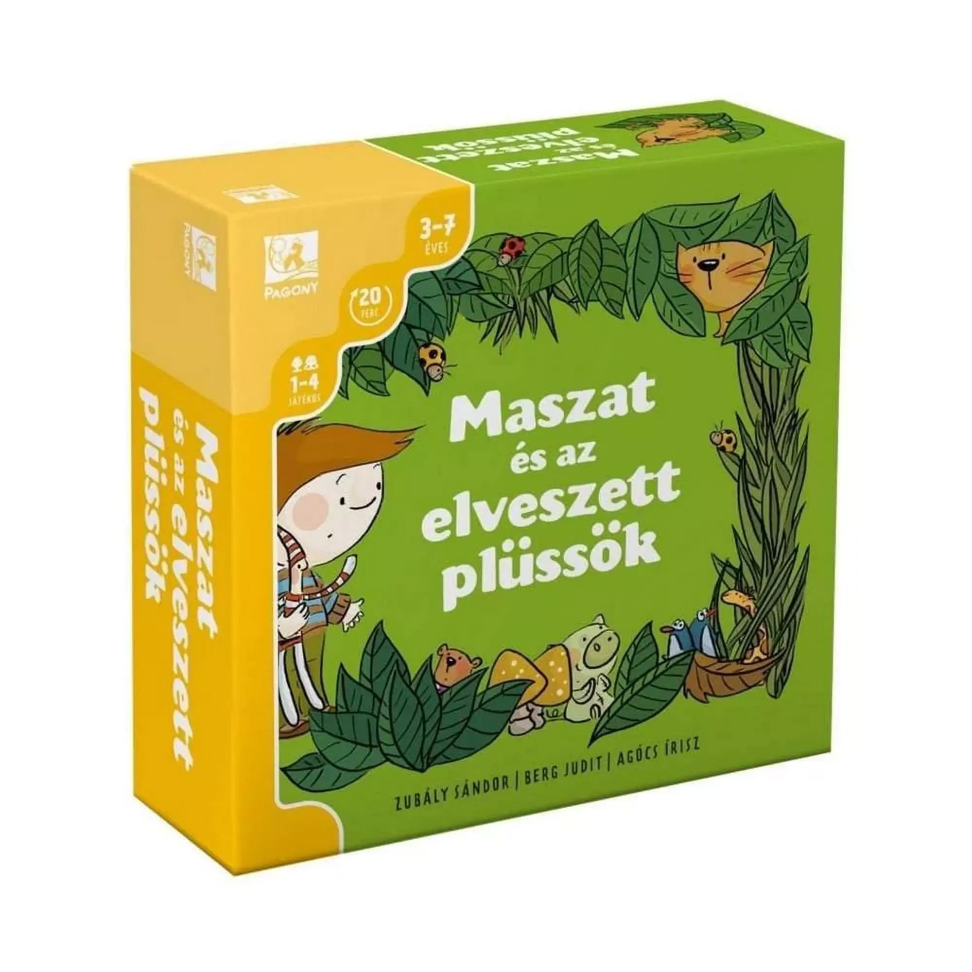 A Maszat és az elveszett plüssök társasjáték zöld-sárga színű doboza, Maszat karakterével, dzsungeles motívumokkal és aranyos állatokkal díszítve.