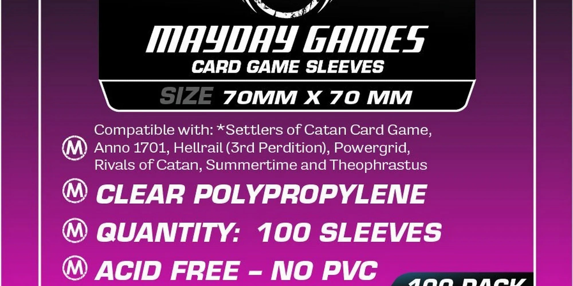 Mayday Games – 70×70 mm kártyavédő fólia csomag előlapja, 100 darab átlátszó, savmentes, PVC-mentes tok, Catan és más társasjátékokhoz kompatibilis.
