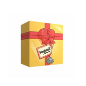 A Meglepi! társasjáték sárga, piros masnival díszített doboza, rajta a „Meglepi!” felirat és két medvés dísz.