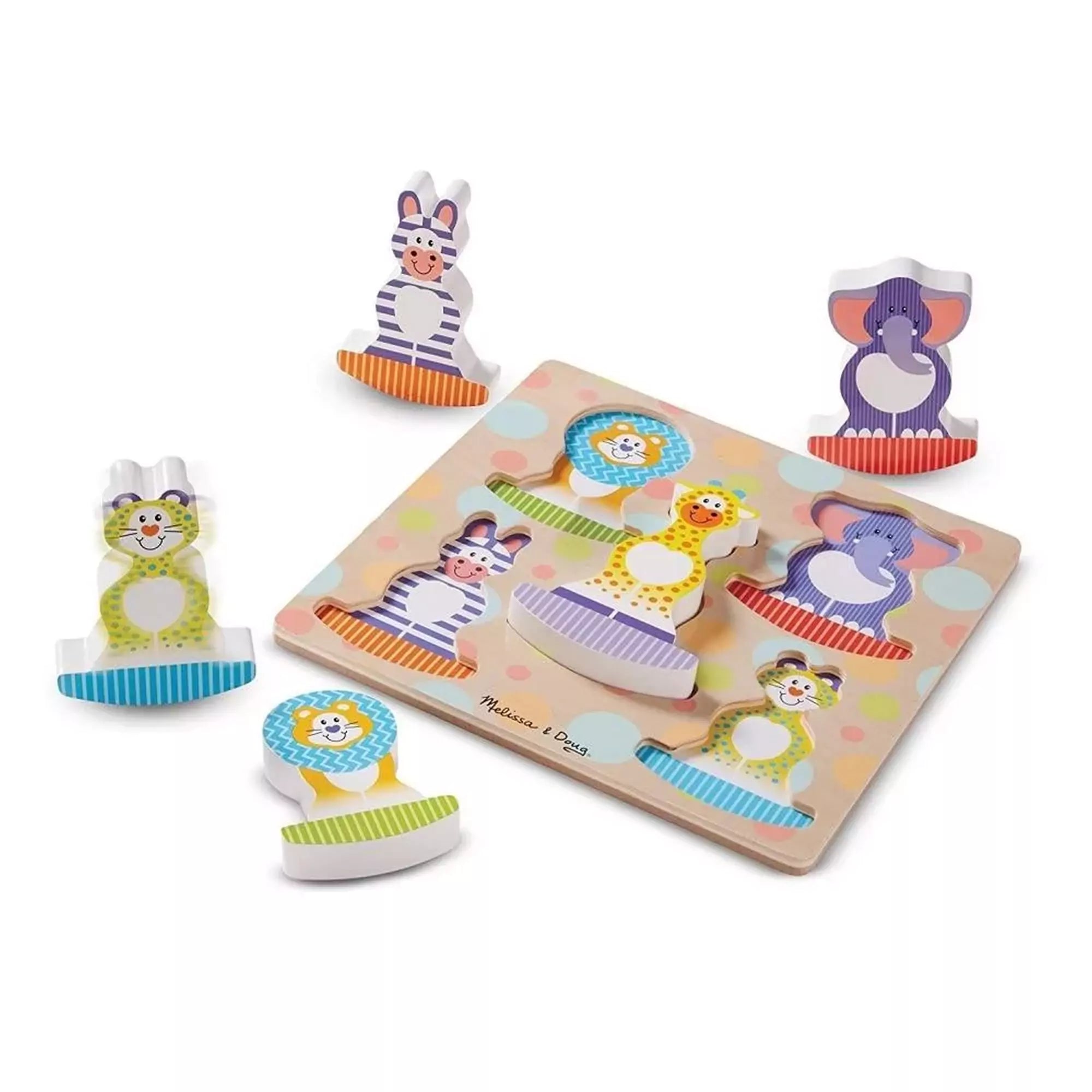 Melissa & Doug safari fa puzzle darabjai: zsiráf, elefánt, zebra, oroszlán és tigris színes kivitelben.