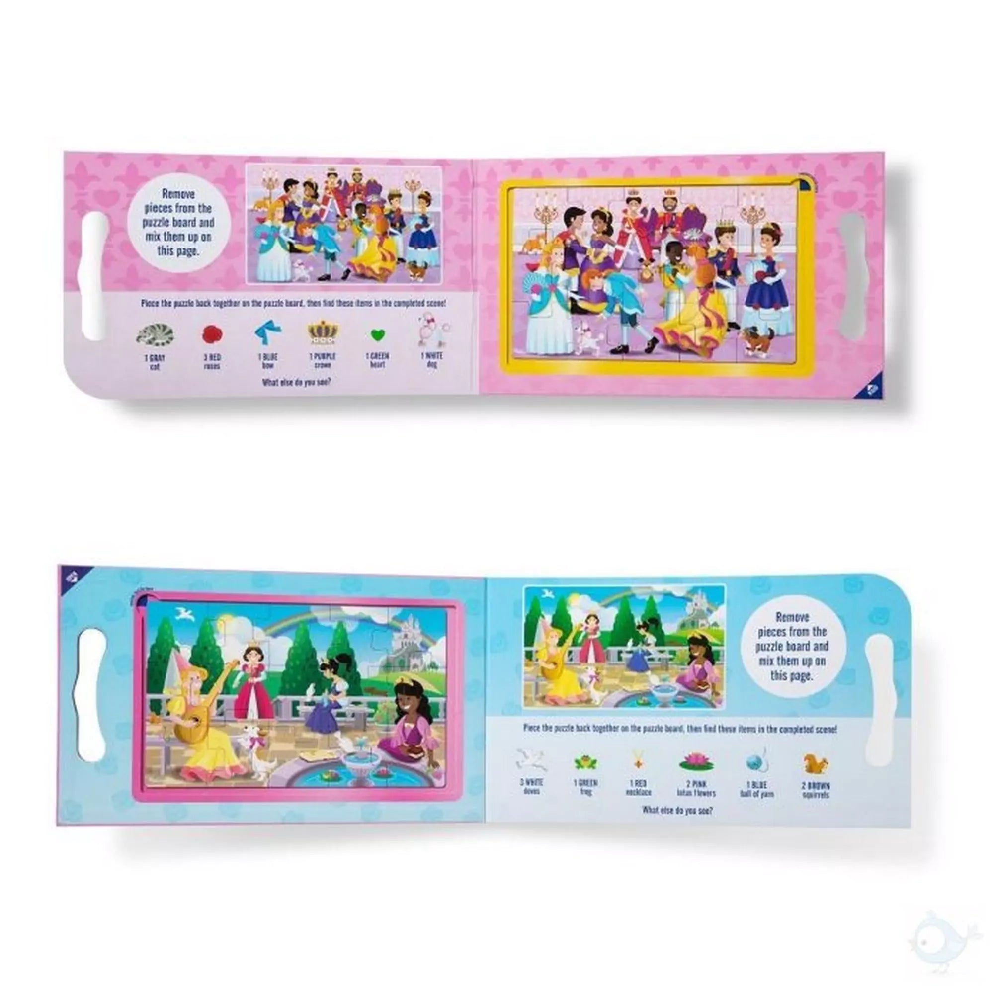 Melissa & Doug mágneses kirakó – Hercegnők két kinyitott oldala, báltermi és kerti jelenetekkel, valamint kiegészítő keresd és találd feladatokkal.