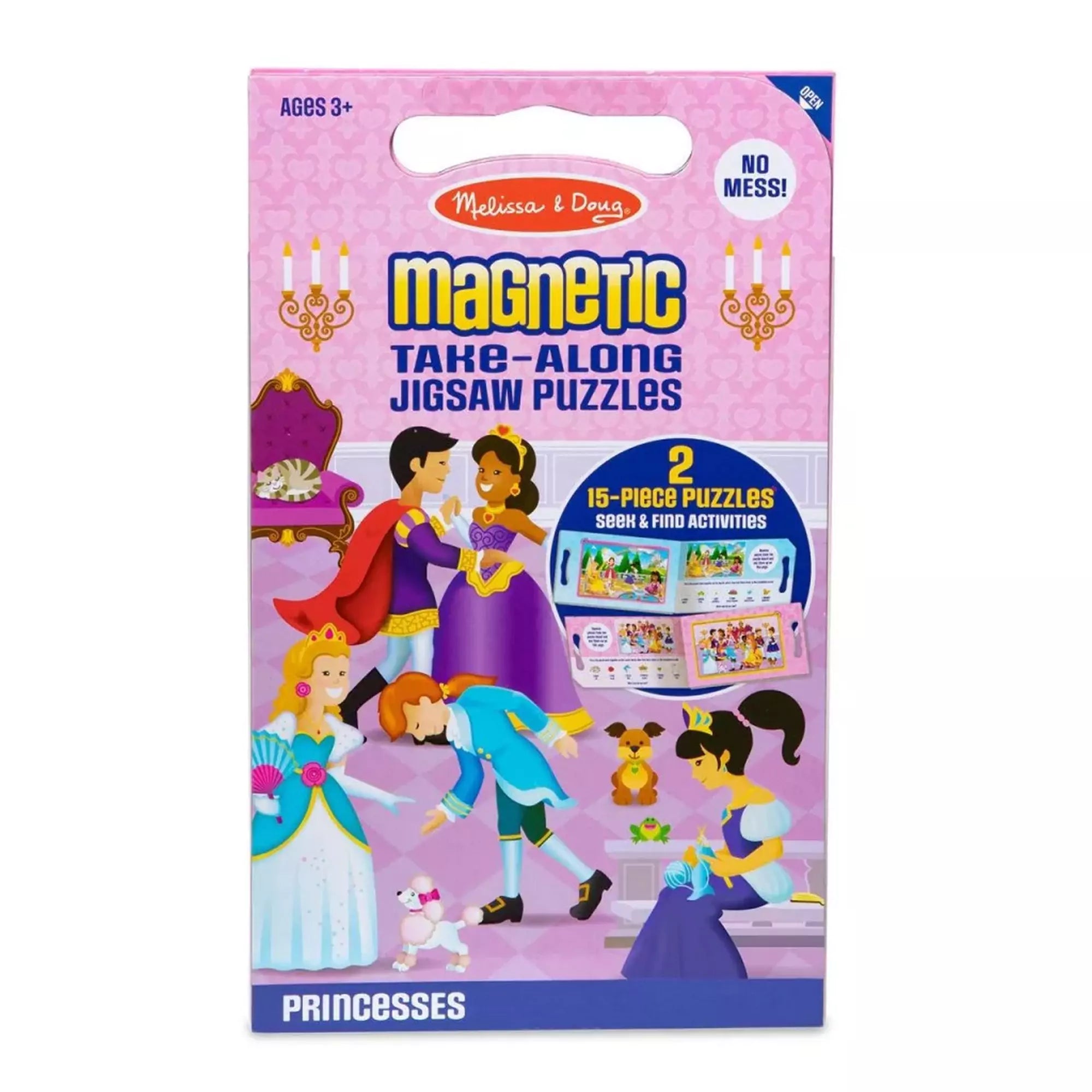 Melissa & Doug mágneses kirakó – Hercegnők doboza, rózsaszín háttérrel, királyi bál jelenettel és két 15 darabos puzzle illusztrációjával.