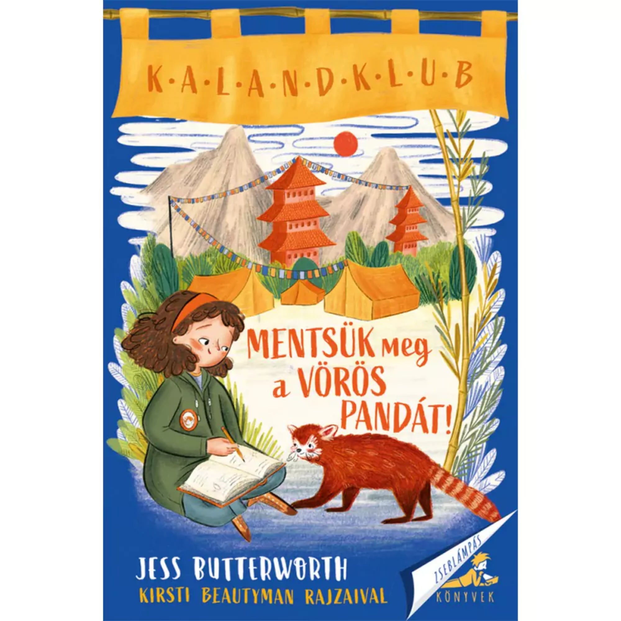 Mentsük meg a vörös pandát! könyv borítója. Egy kislány jegyzetel, mellette vörös panda áll, háttérben hegyek és pagodák láthatók.