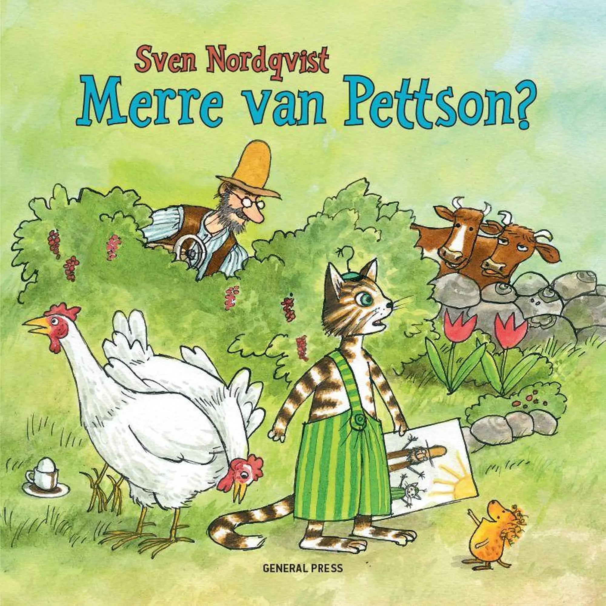 A „Merre van Pettson?” című könyv borítója, középen Findusz, a cirmos macska zöld csíkos nadrágban, aki aggódva néz körül. A háttérben Pettson leselkedik a bokorból, körülötte tyúkok, két kíváncsi tehén, virágok, és egy kisegér tart egy rajzot.