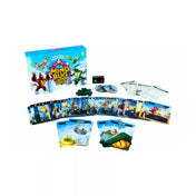 Mindbug x Tokió Királya társasjáték teljes tartalma kiterítve: lénykártyák, elmecsápok, energiajelölők, dobókockák, szabálykönyvek és a doboz egy fehér háttéren.