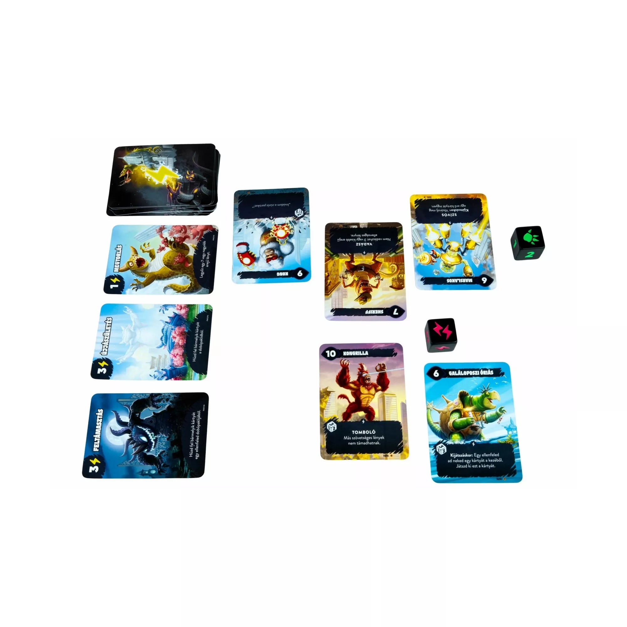 Mindbug x Tokió Királya társasjáték részlete, ahol különböző kaidzsú lénykártyák, eseménykártyák és energiajelölők láthatók, akció közbeni elrendezésben.