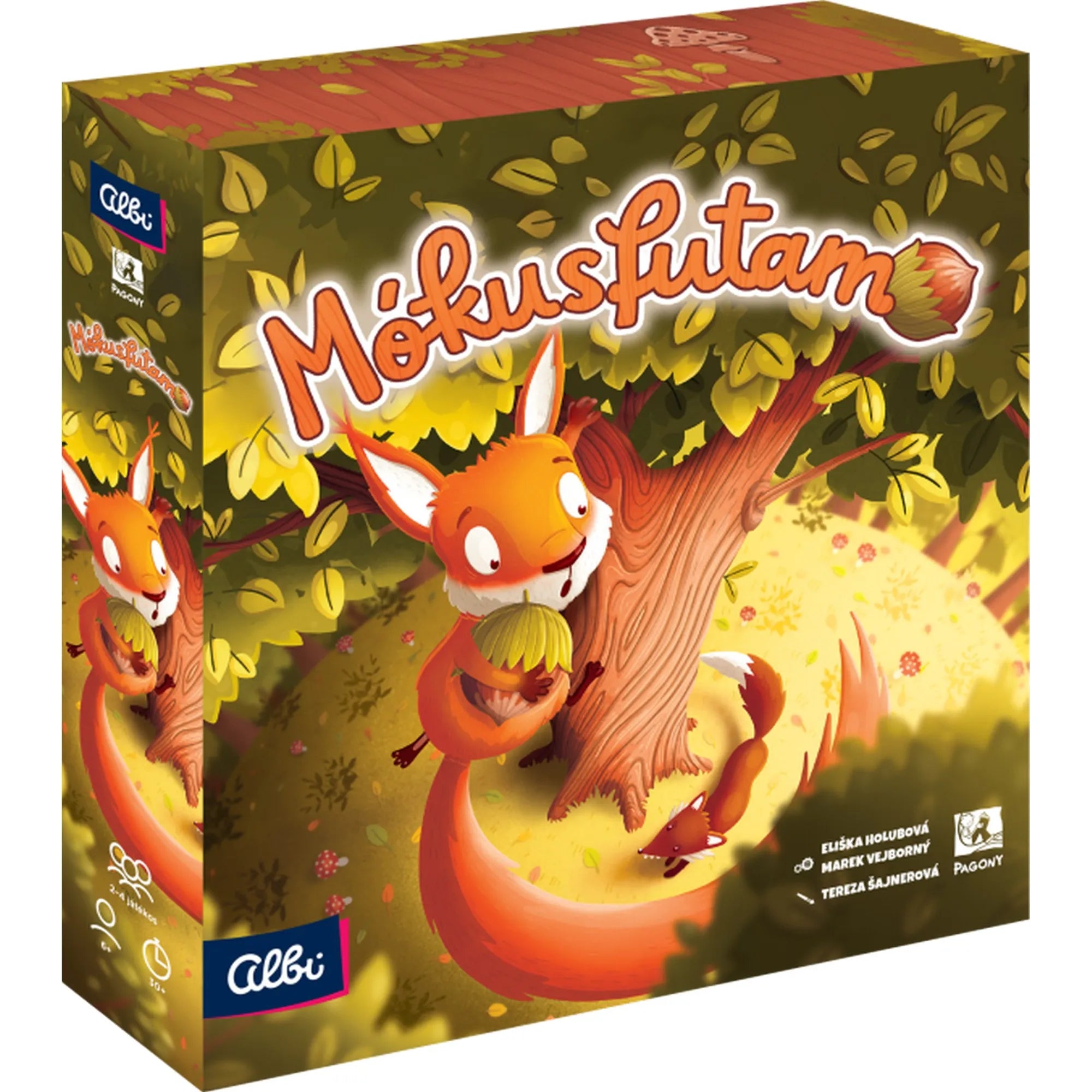 A Mókusfutam társasjáték doboza, rajta egy mókus mogyoróval egy nagy fa tövében, barátságos, mesés illusztrációval.