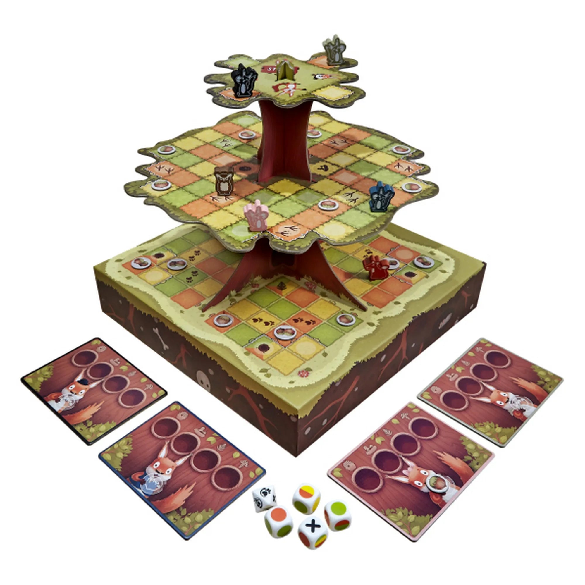 A Mókusfutam társasjáték 3D-s játéktáblája több szinttel, mókusfigurákkal, játékoskártyákkal és dobókockákkal.