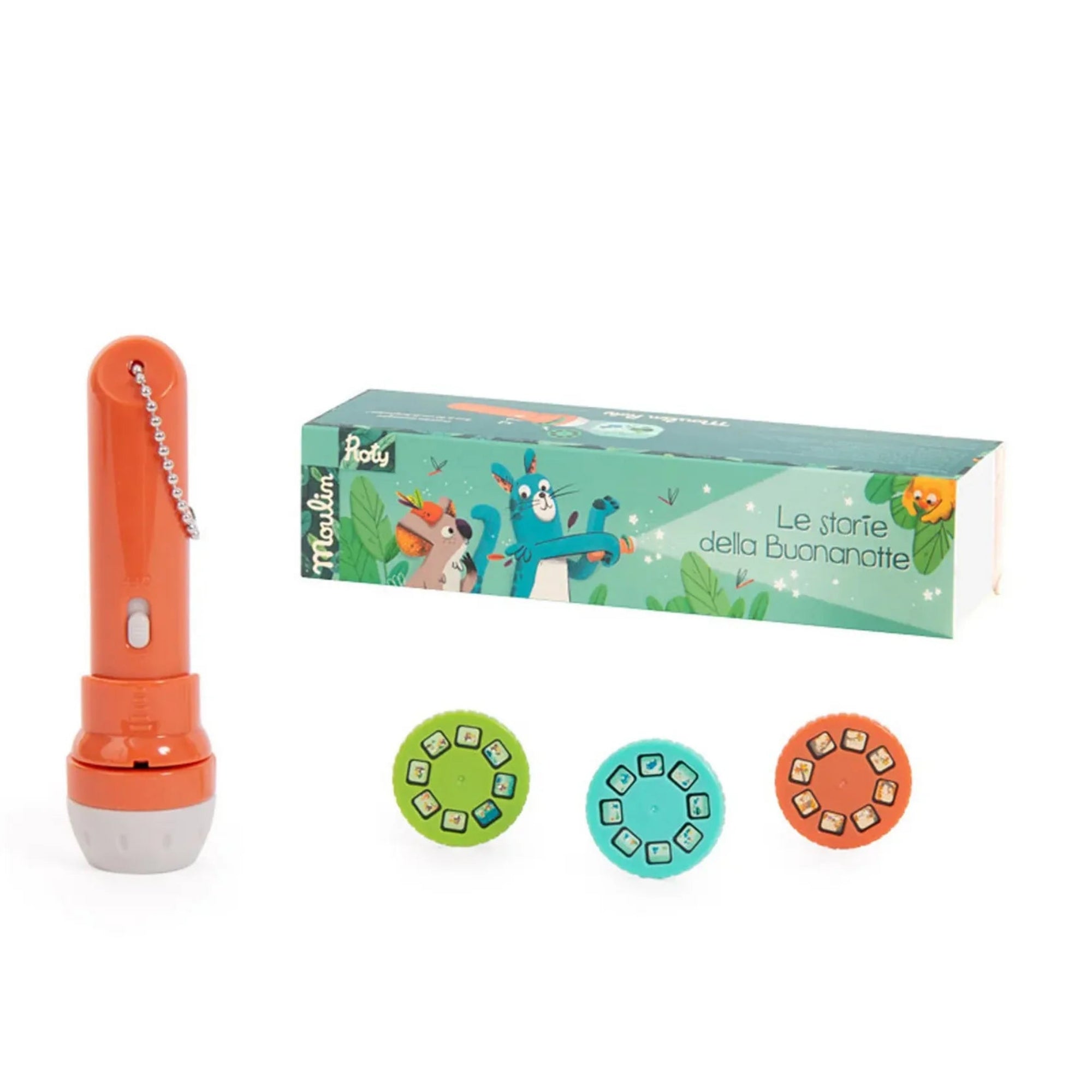 Moulin Roty Dzsungel mesefény kivetítő állítva, előtte három diafilmkoronggal és a dekorált dobozzal.