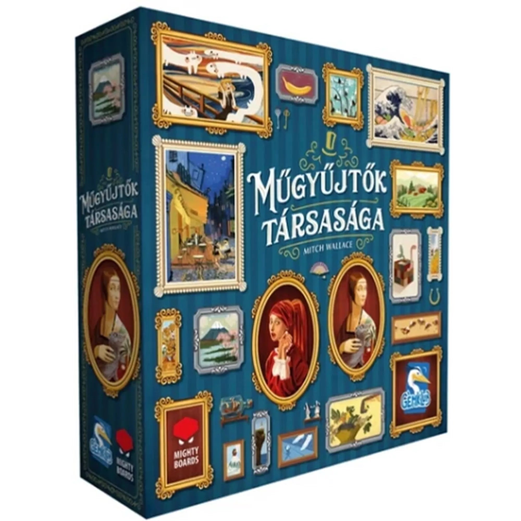 A Műgyűjtők társasága társasjáték dobozának elölnézeti képe, klasszikus festményeket idéző illusztrációkkal, aranyozott képkeret-motívumokkal és elegáns kék háttérrel.