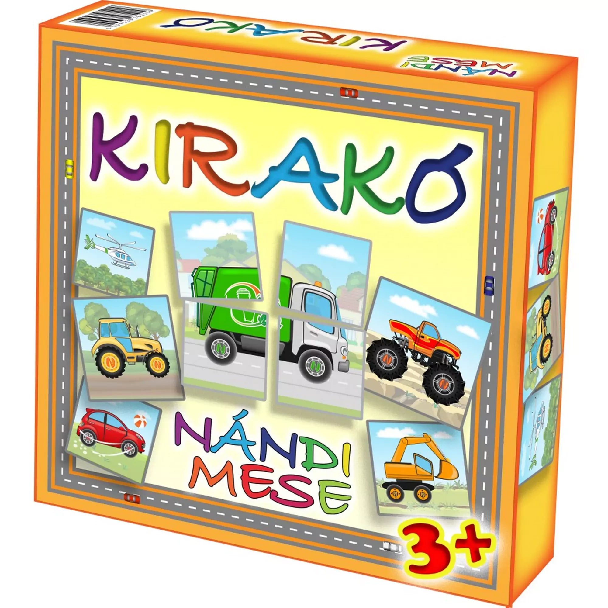 NándiMese kirakó doboz előlapja, színes illusztrációkkal: kukásautó, helikopter, traktor, piros kisautó, monster truck és markoló látható rajta.