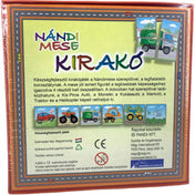Nándi mese kirakó doboz hátlapja részletes leírással és képekkel: kis piros autó, monster truck, kukásautó, markoló, traktor és helikopter puzzle-elemei.