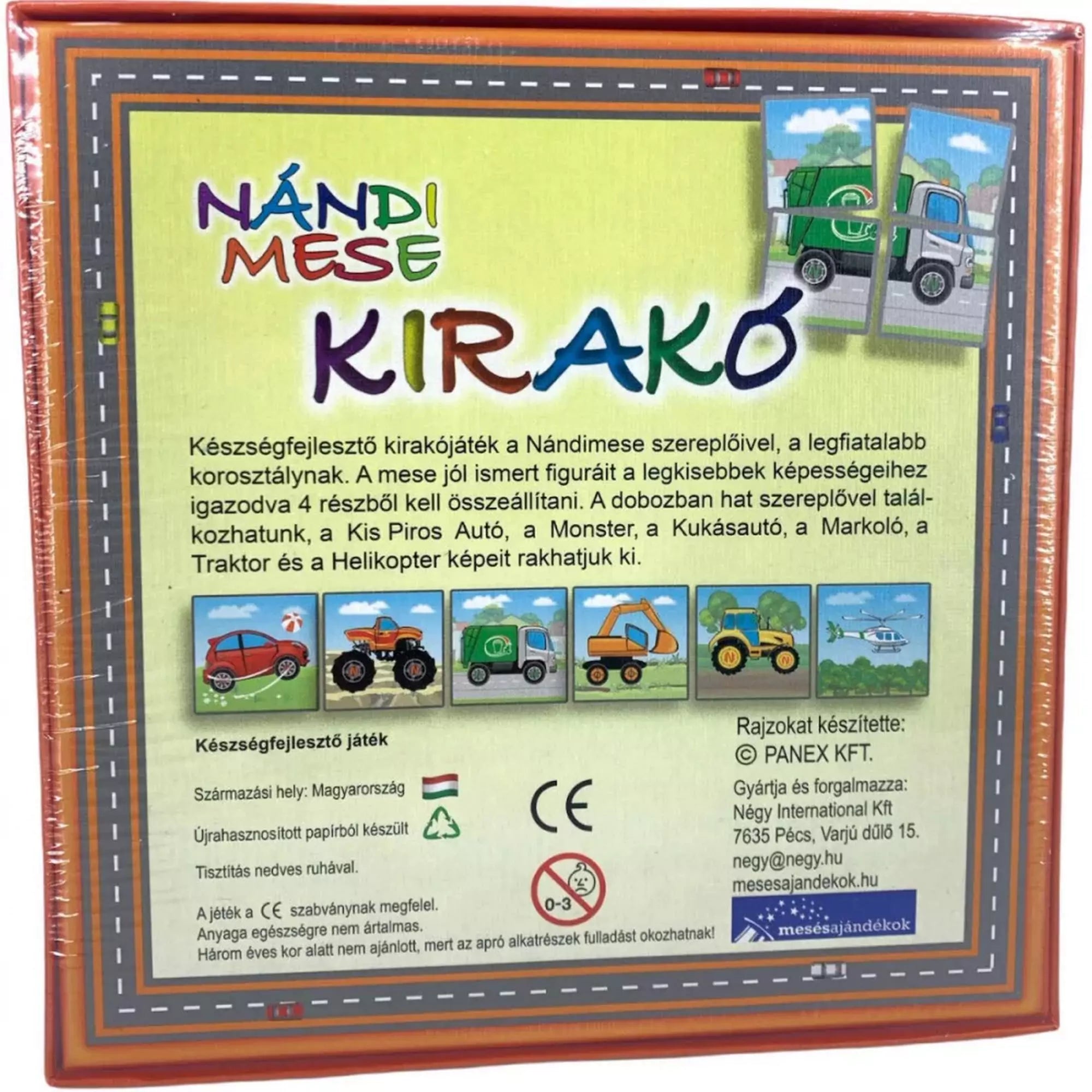 Nándi mese kirakó doboz hátlapja részletes leírással és képekkel: kis piros autó, monster truck, kukásautó, markoló, traktor és helikopter puzzle-elemei.