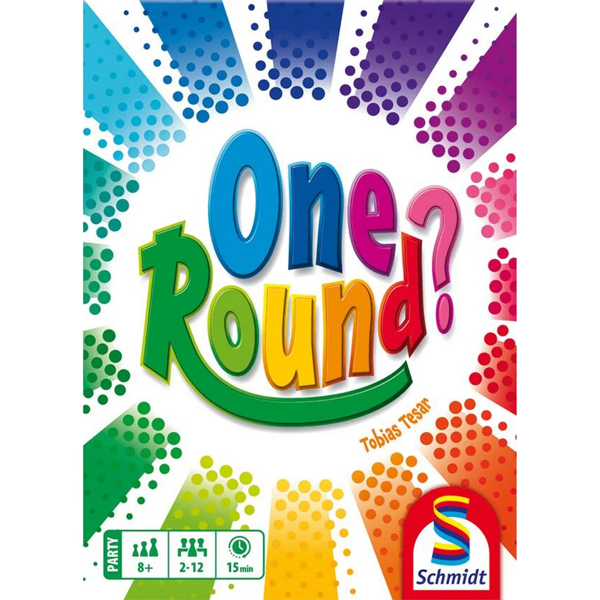 One Round? party társasjáték dobozkép közelről, színes grafikai elemekkel és Tobias Tesar nevével feltüntetve