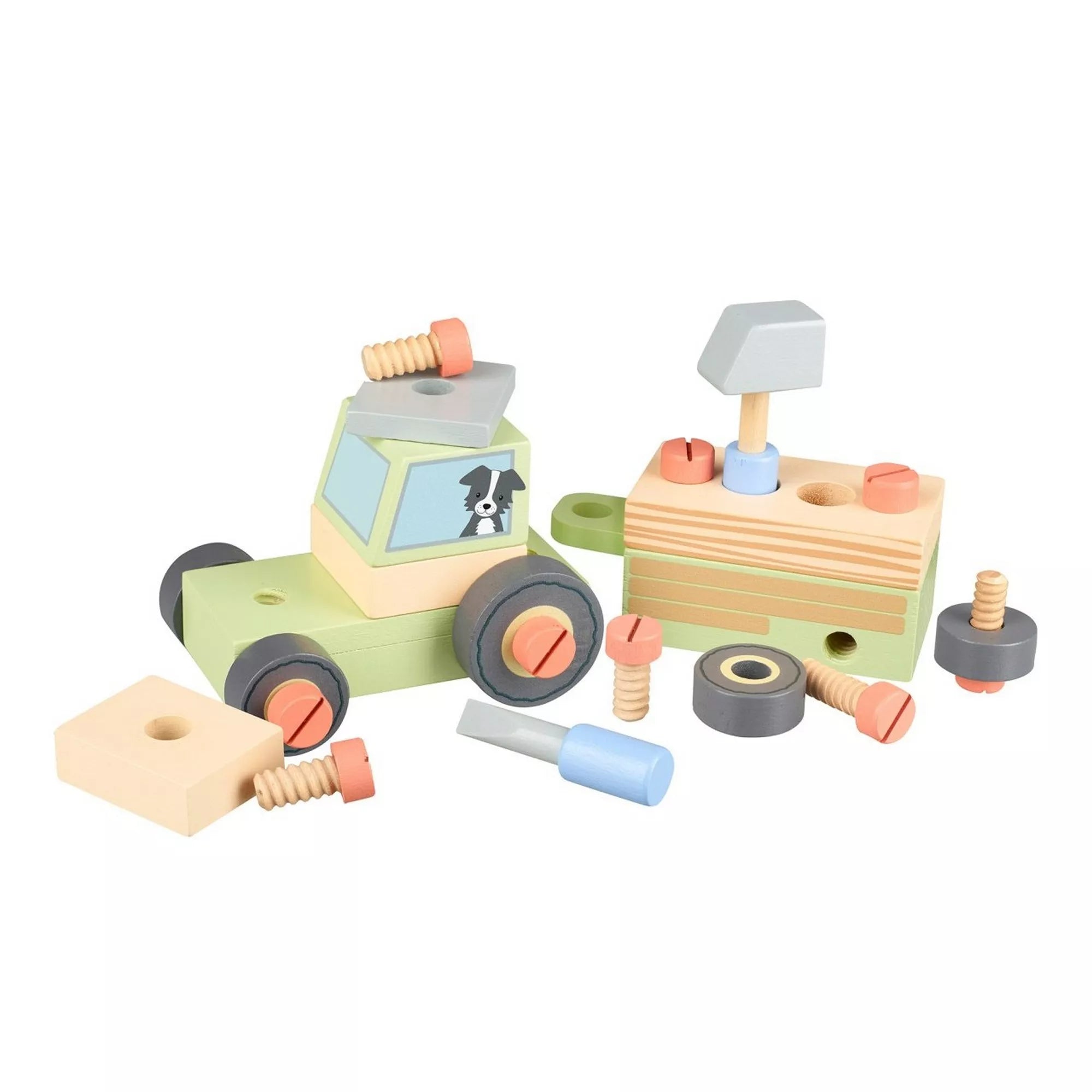 Az Orange Tree Toys összeszerelhető fa traktor szétszerelt állapotban, a mellékelt fa csavarokkal, kerekekkel és építőelemekkel. A kép jól szemlélteti, hogyan lehet a traktor részeit összecsavarozni és újra felépíteni, fejlesztve a kézügyességet és a kreativitást.