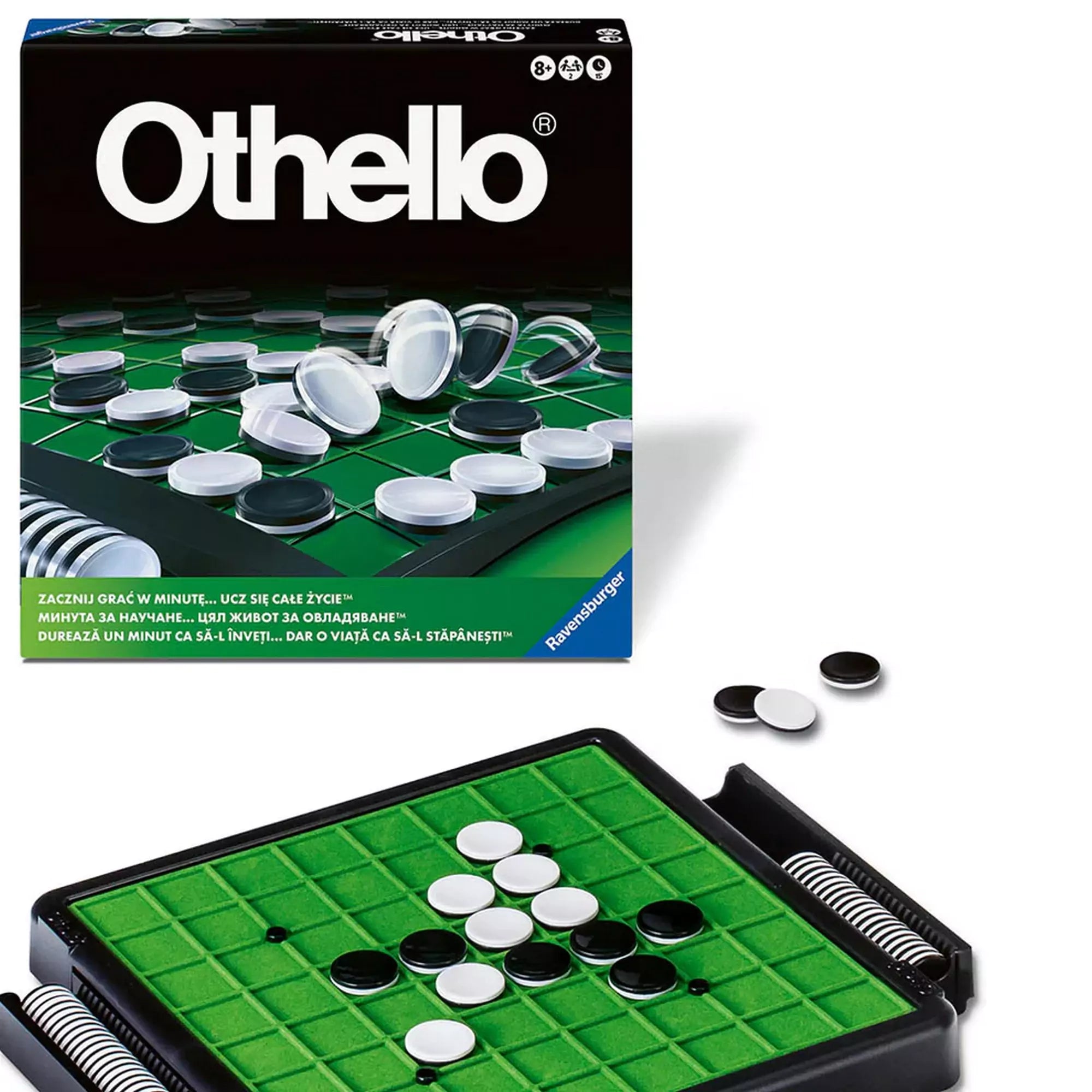 Othello társasjáték kinyitva, zöld játéktábla korongokkal, mellette a fekete-fehér korongok tárolórekeszekben.
