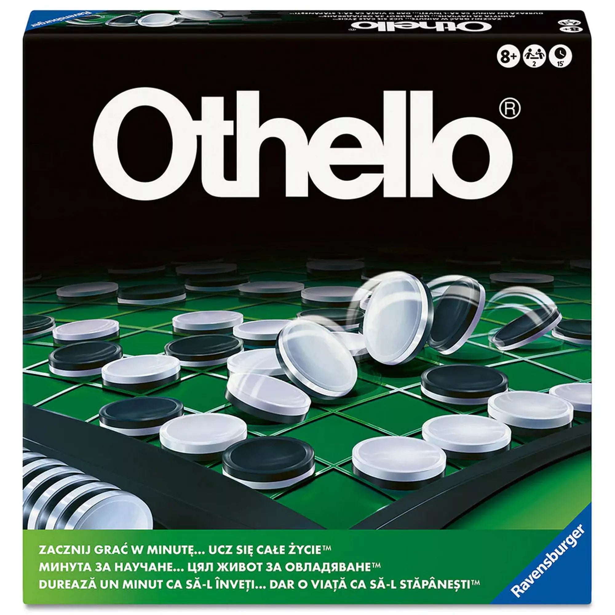 Othello társasjáték doboza, zöld táblán fekete-fehér korongokkal, Ravensburger kiadásban.