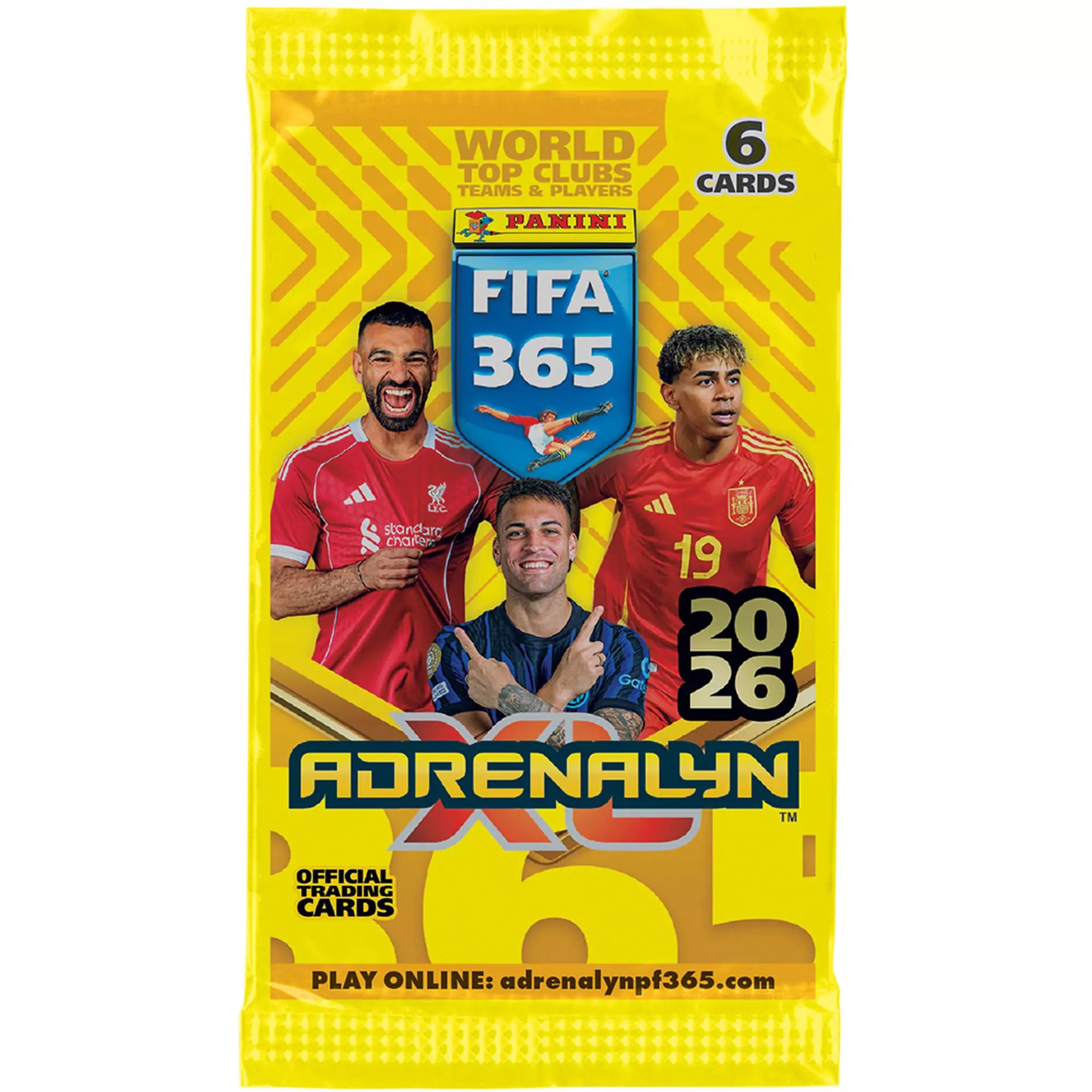 Panini FIFA 365 Adrenalyn XL 2026 kártyacsomag sárga csomagolásban, 6 darab gyűjthető futballkártyával. A csomagon top játékosok és a FIFA 365 logó látható.