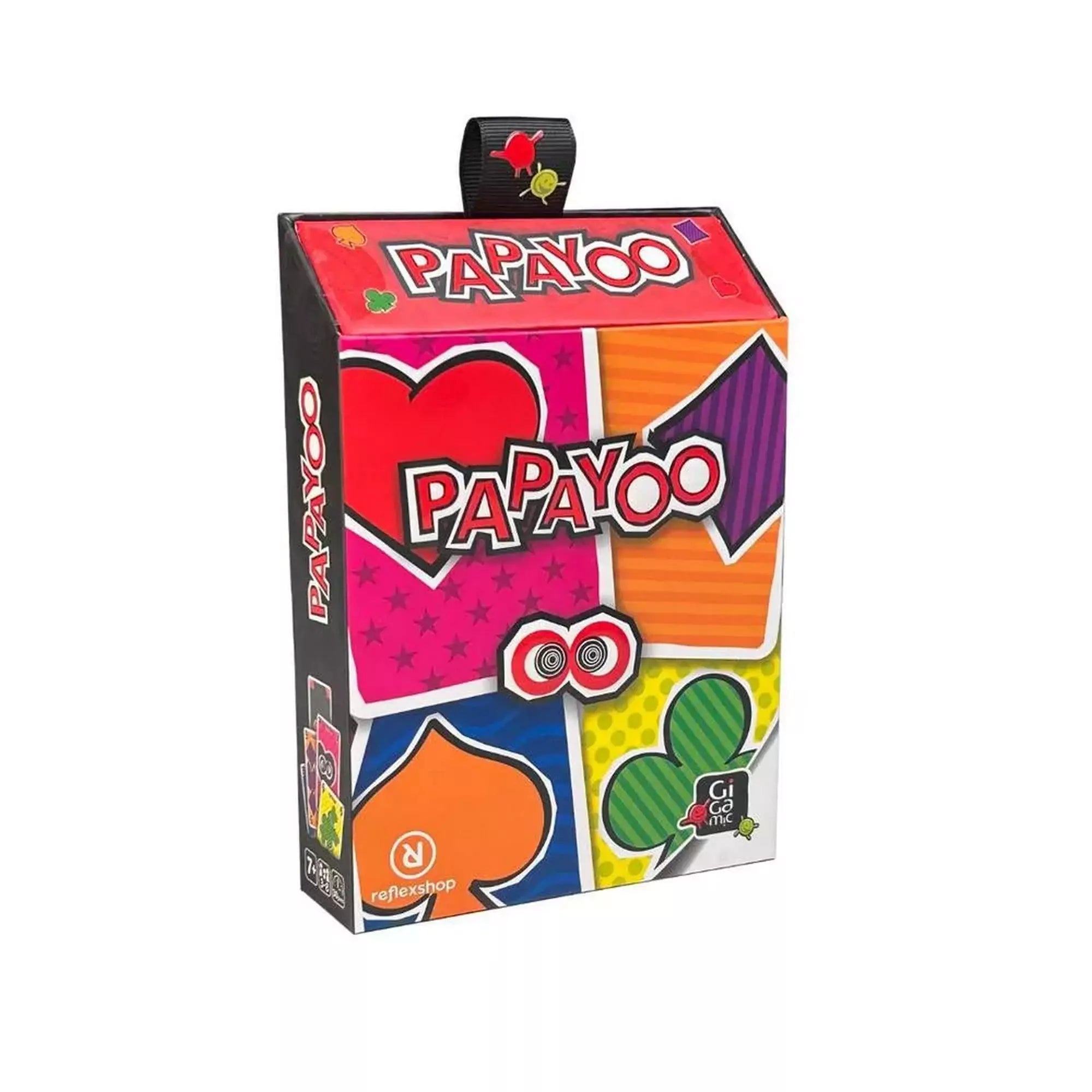 A Papayoo társasjáték színes doboza, szív, káró, pikk és treff mintákkal.