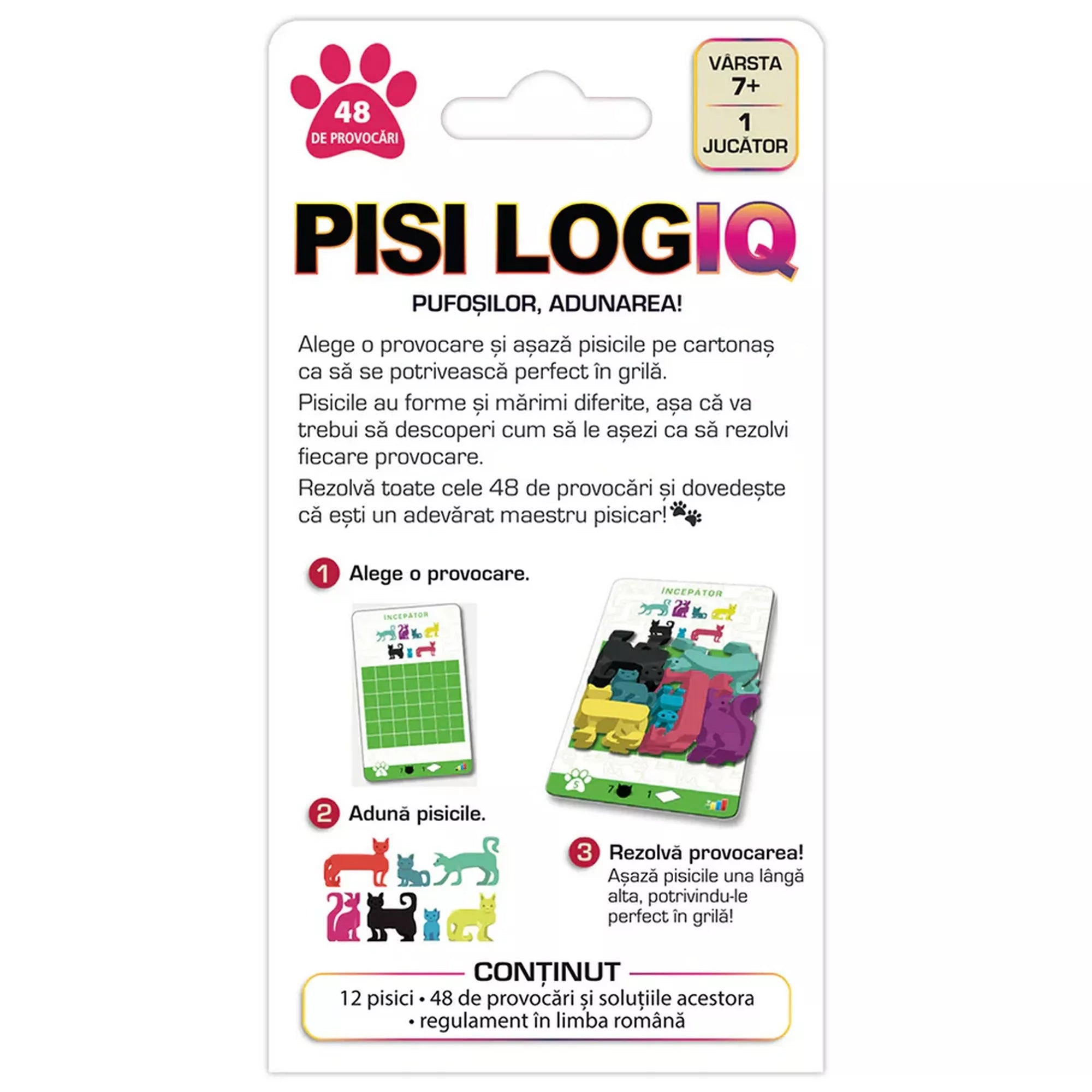 „A Pisi Logiq játék hátoldala, a szabályok leírásával, a kihíváskártyák példáival és a macskafigurák bemutatásával.”