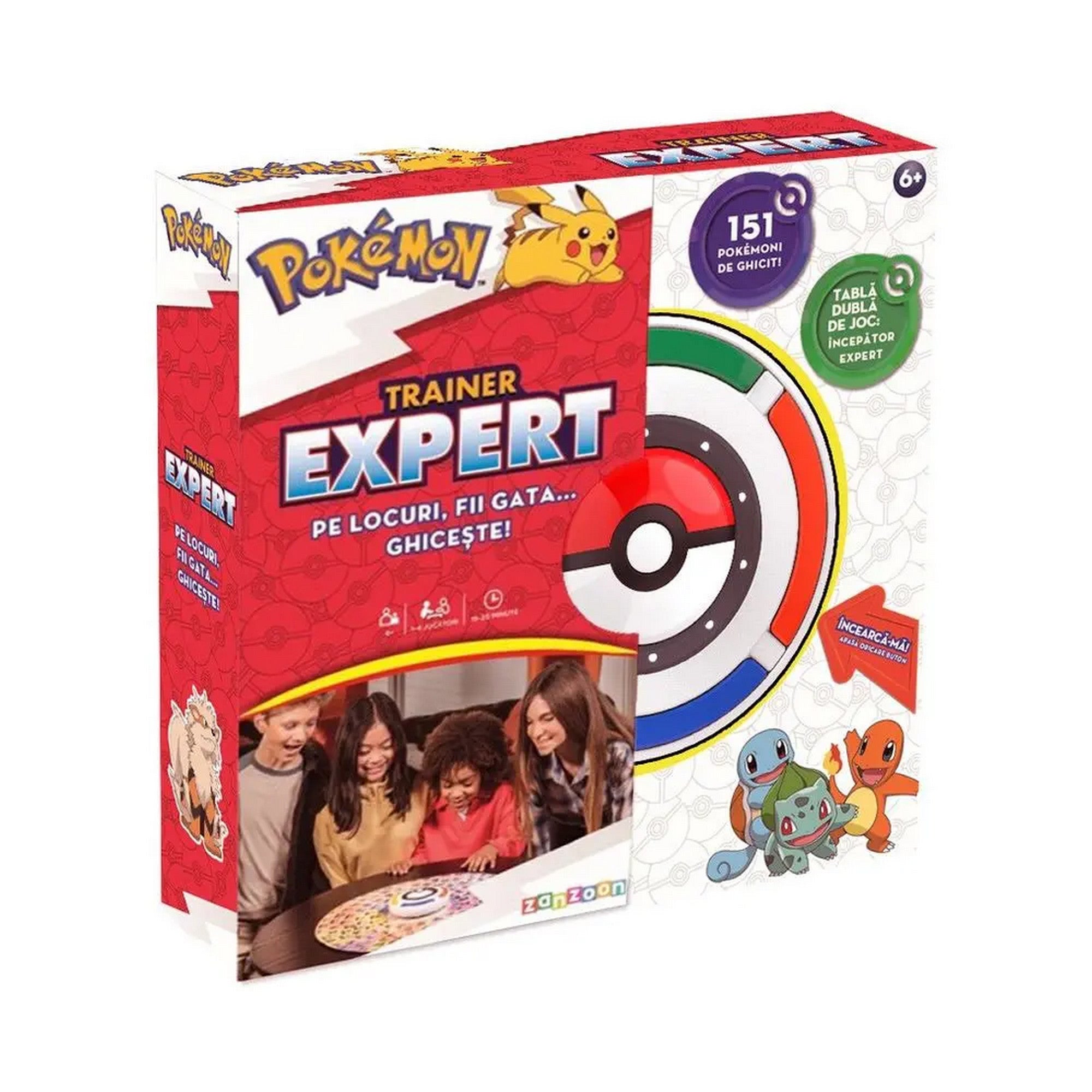 A Pokemon Trainer Expert piros doboza Pikachuval, a játék táblájával és a 151 felismerhető Pokémon ígéretével.