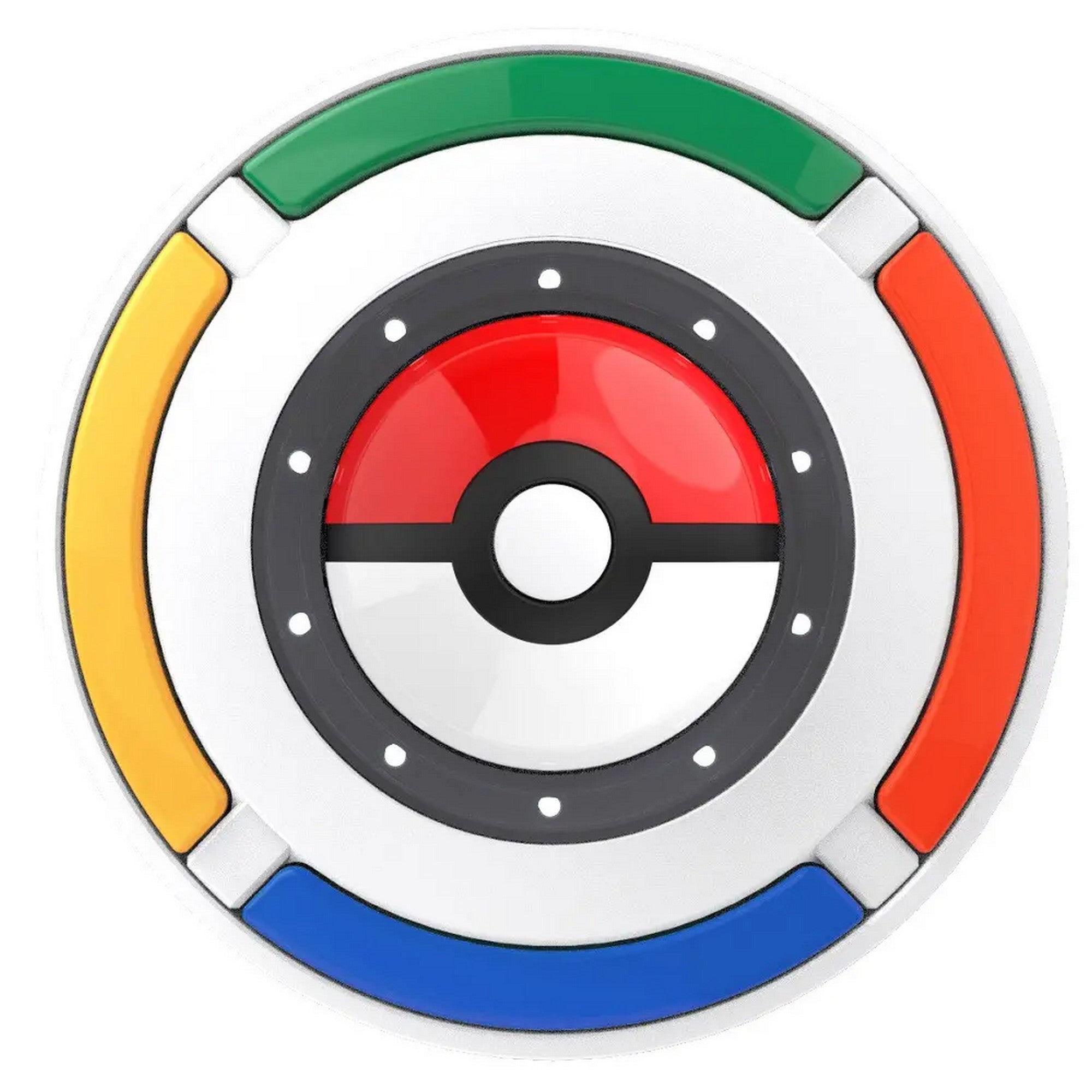 Fehér, kör alakú Pokemon Trainer Expert játékmodul színes gombokkal – piros, kék, zöld és sárga szegmensekkel.