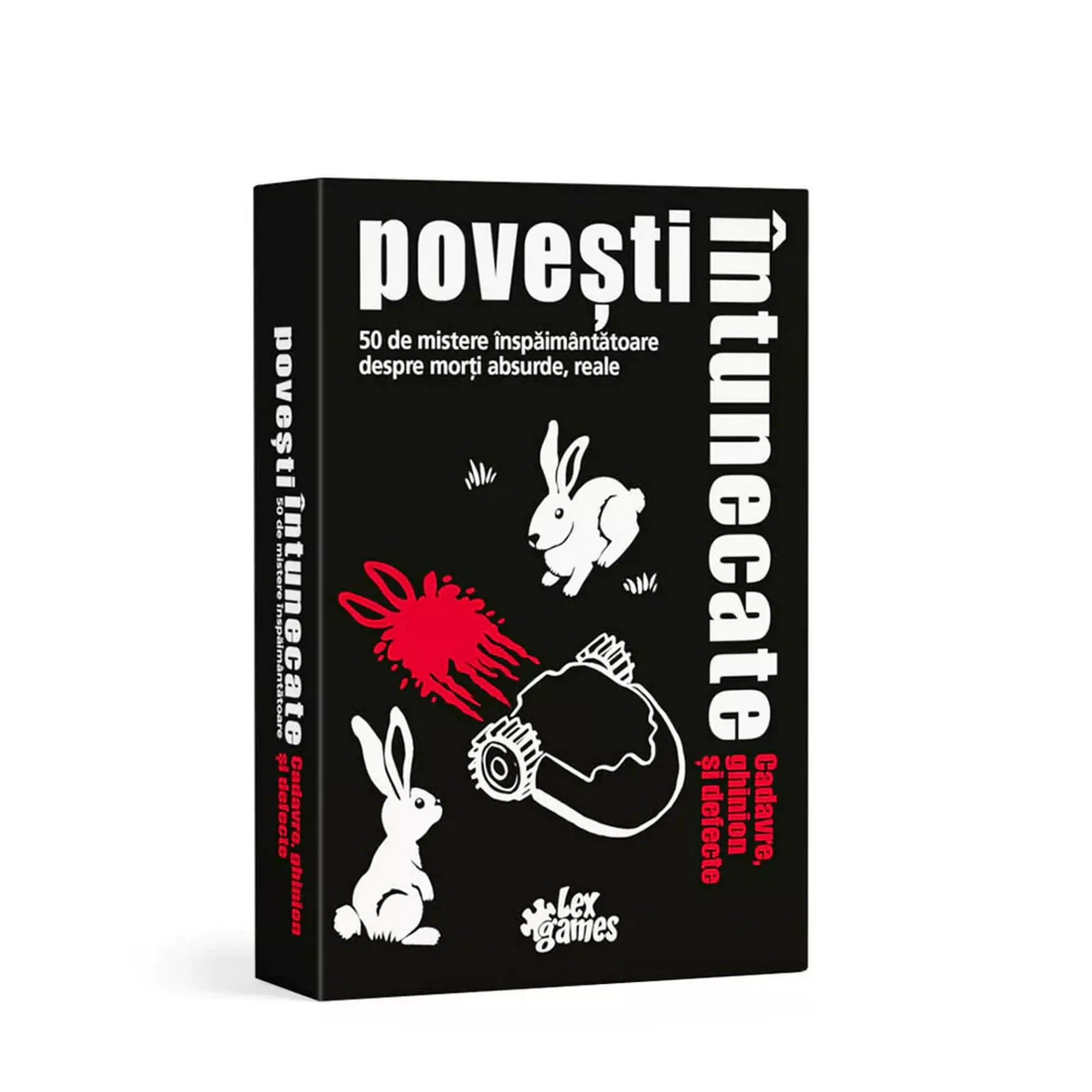 „Povești Întunecate: Cadavre, ghinion și defecte társasjáték doboza, fekete háttérrel, nyulakat és abszurd halálesetet ábrázoló grafikával, 50 rejtéllyel.”