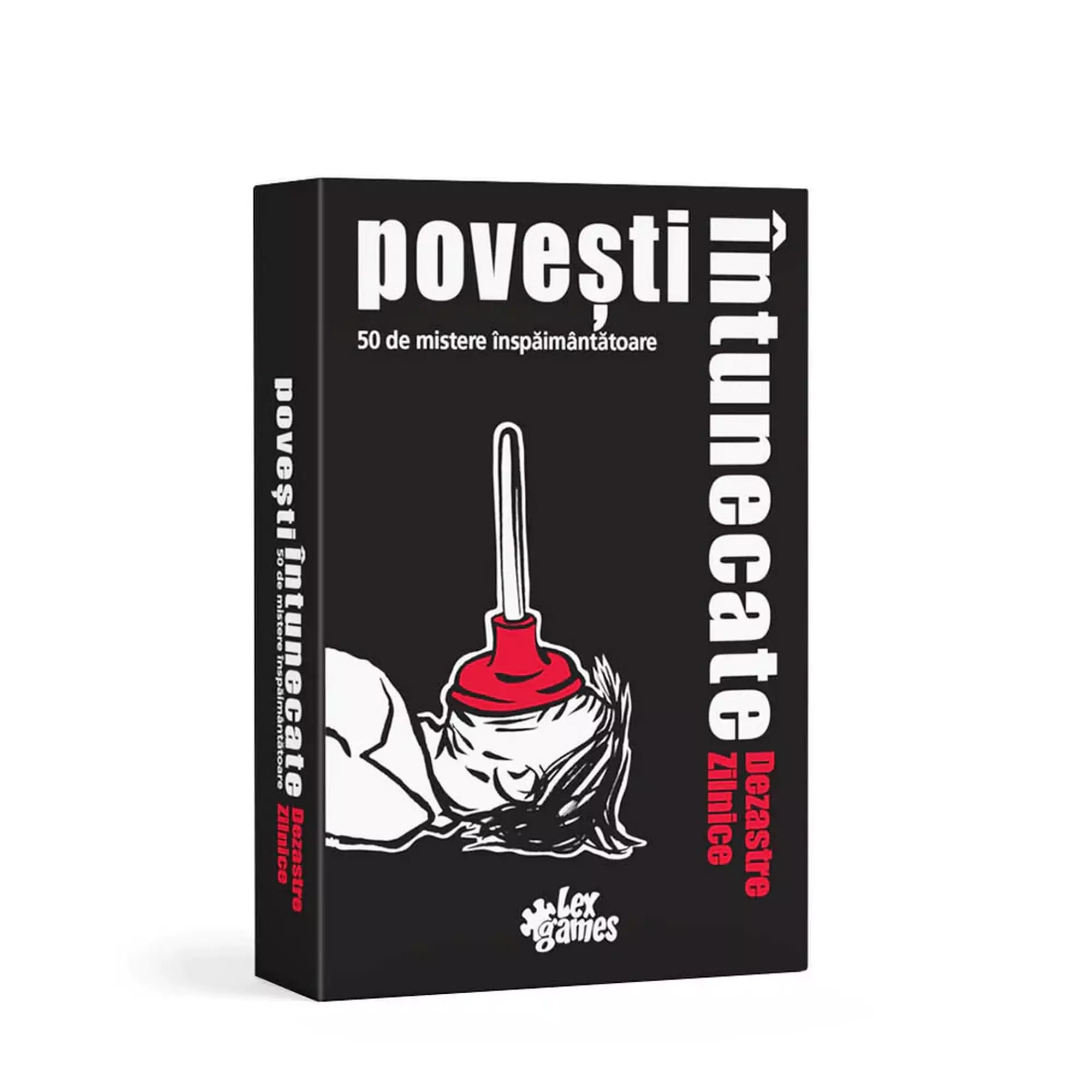 „A Povești Întunecate: Dezastre Zilnice társasjáték doboza, fekete háttérrel, piros és fehér illusztrációval, amely egy komikus, abszurd helyzetet ábrázol.