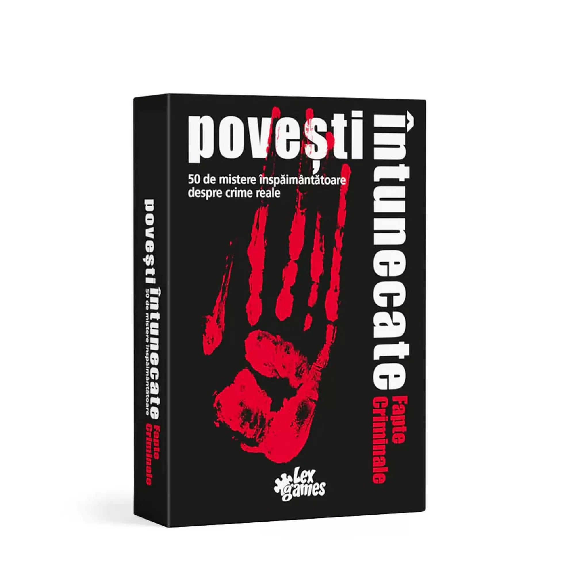„Povești Întunecate: Fapte Criminale társasjáték doboza, fekete alapon piros véres kézlenyomattal, amely 50 valós bűnügyi rejtélyt tartalmaz.”
