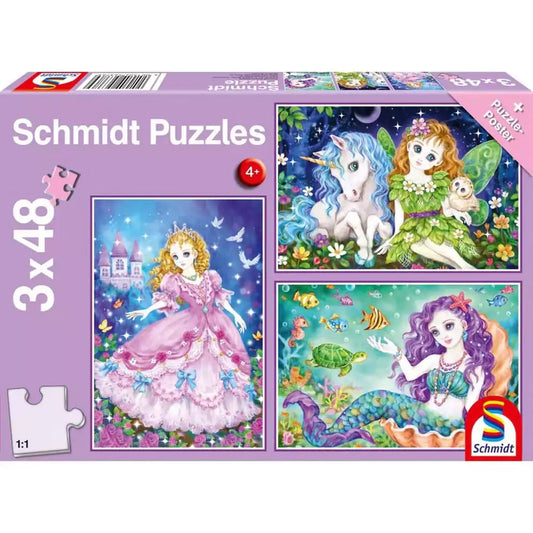 Puzzle Schmidt: Printesa, zana si sirena, Set de 3 x 48 piese + Cadou: posterPuzzle Schmidt: Printesa, zana si sirena, Set de 3 x 48 piese + Cadou: poster