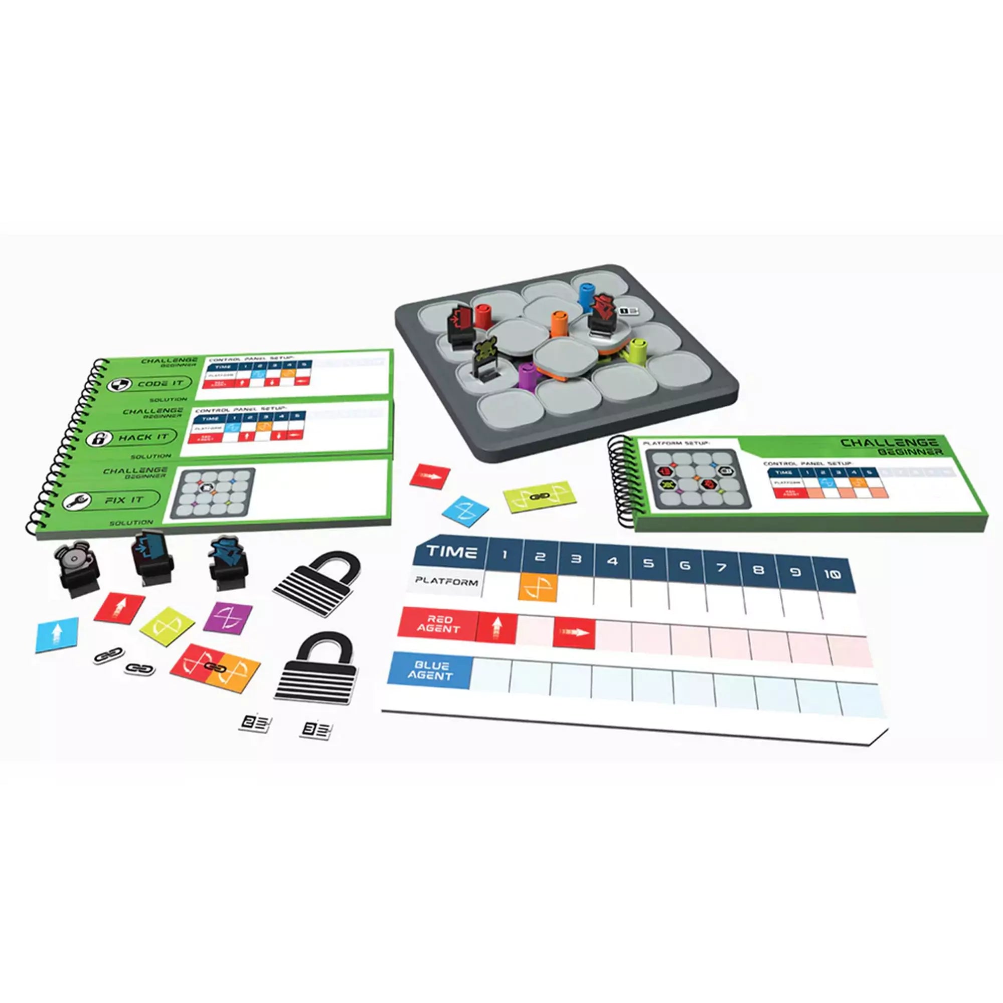 Thinkfun Hacker társasjáték elemei: játéktábla, kihívásfüzet, figurák és tokenek.