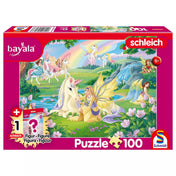 Schleich Bayala 100 darabos puzzle doboza, tündérekkel és szárnyas egyszarvúkkal, varázslatos mesebeli tájjal, ajándék figurával