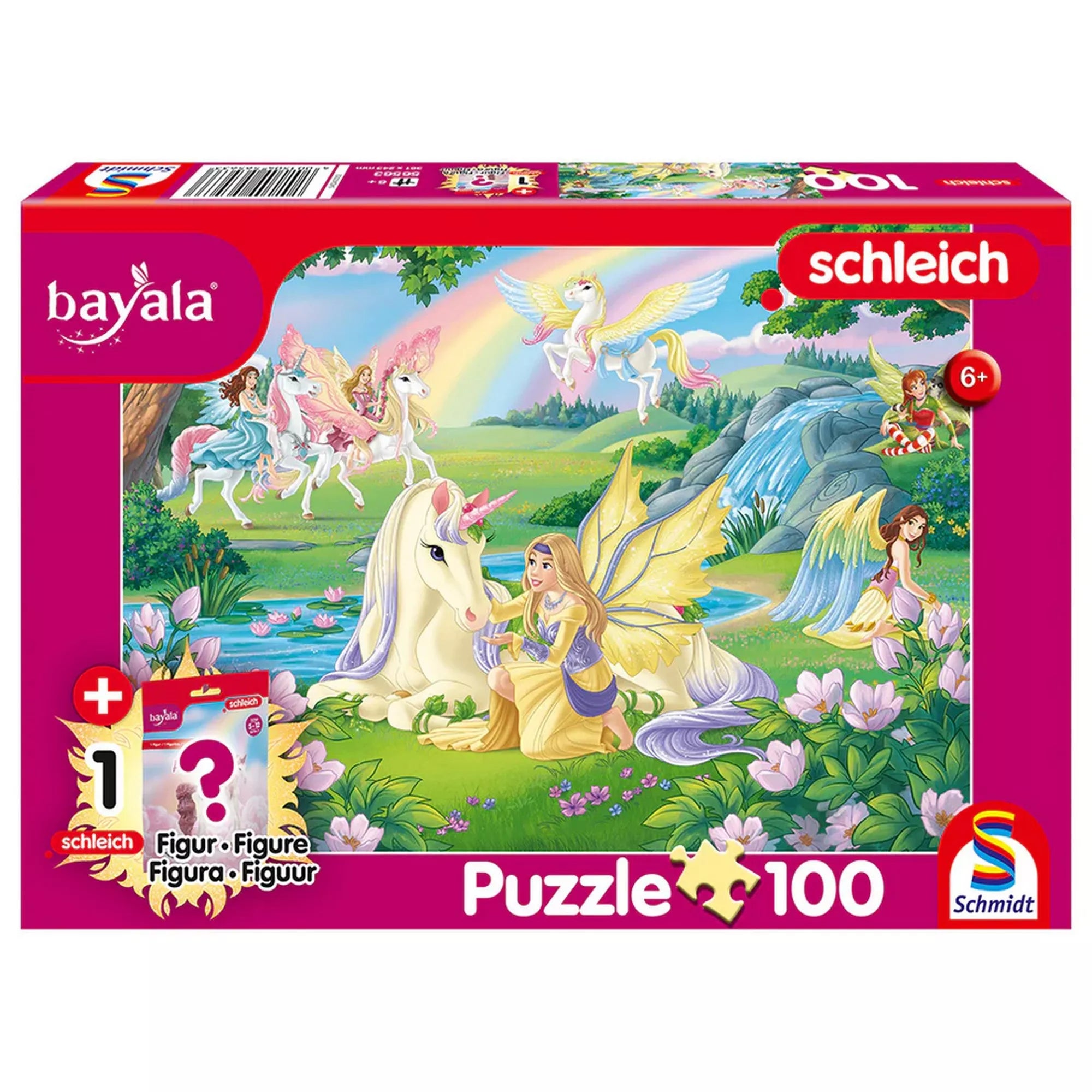 Schleich Bayala 100 darabos puzzle doboza, tündérekkel és szárnyas egyszarvúkkal, varázslatos mesebeli tájjal, ajándék figurával