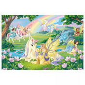 Schleich Bayala 100 darabos puzzle kirakott képe, tündérrel és egyszarvúval a patakparton, szivárvánnyal, virágokkal és mesebeli környezettel